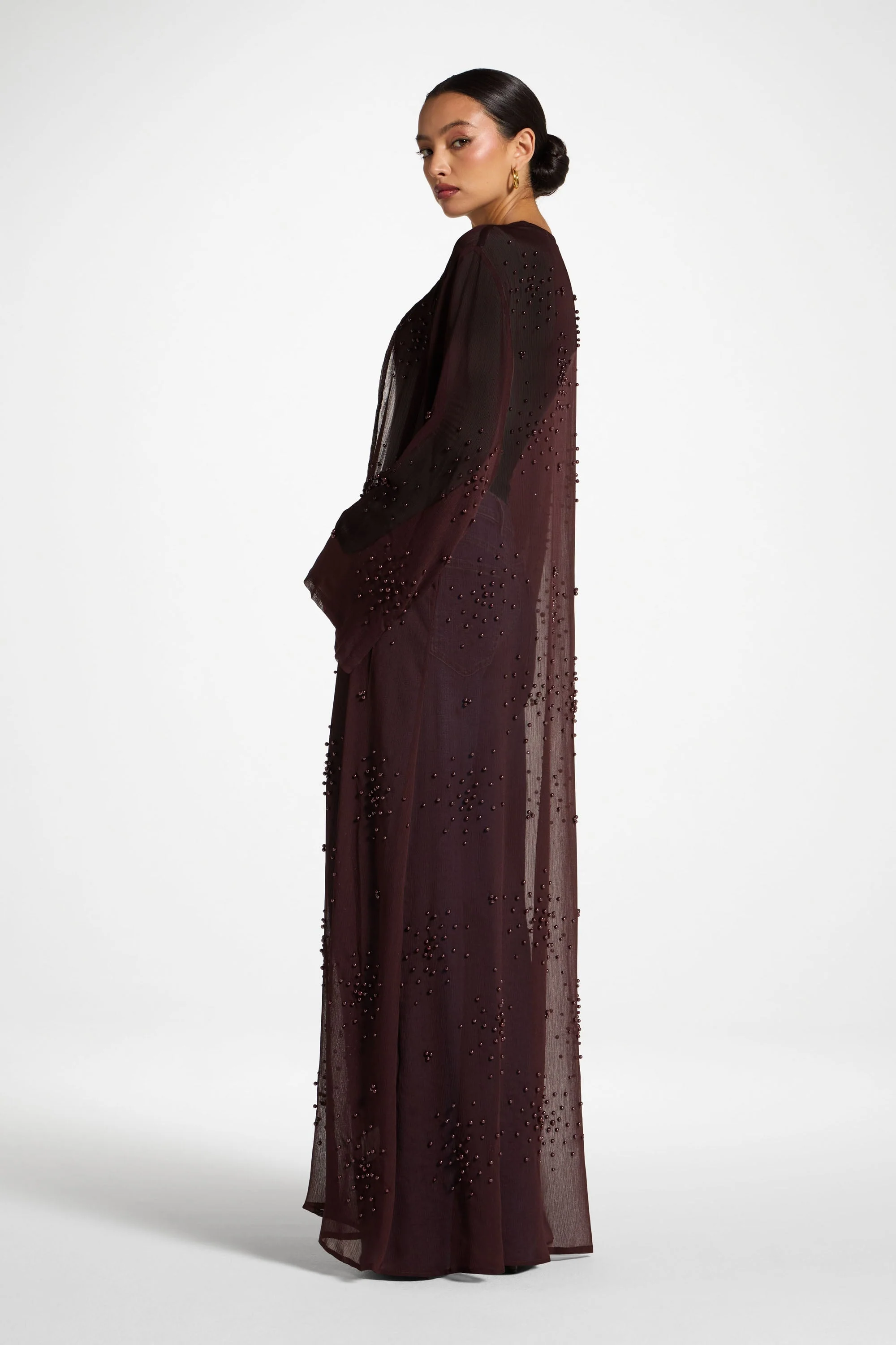 Pearl Embellished Open Abaya - Chocolate Plum - Image 6