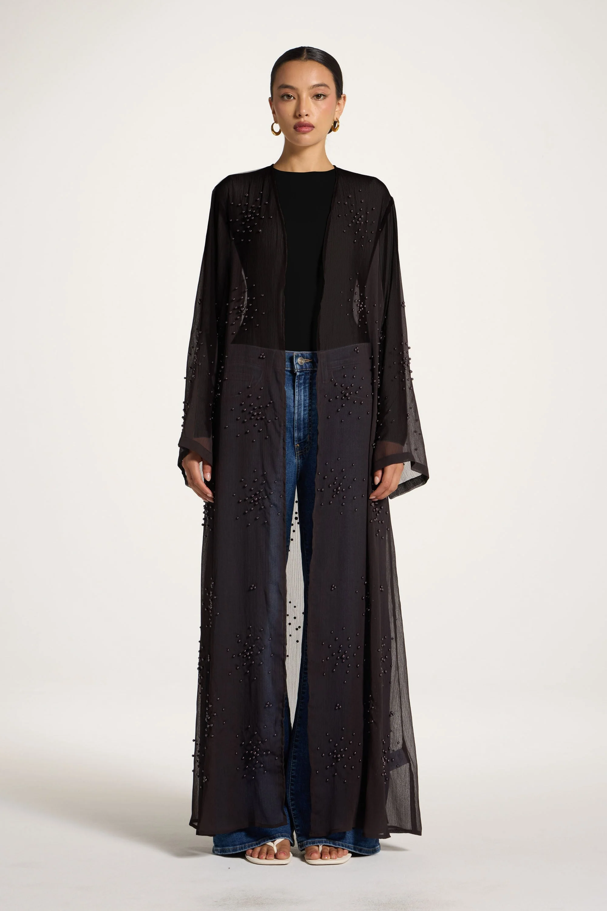 Pearl Embellished Open Abaya - Cove - Image 2