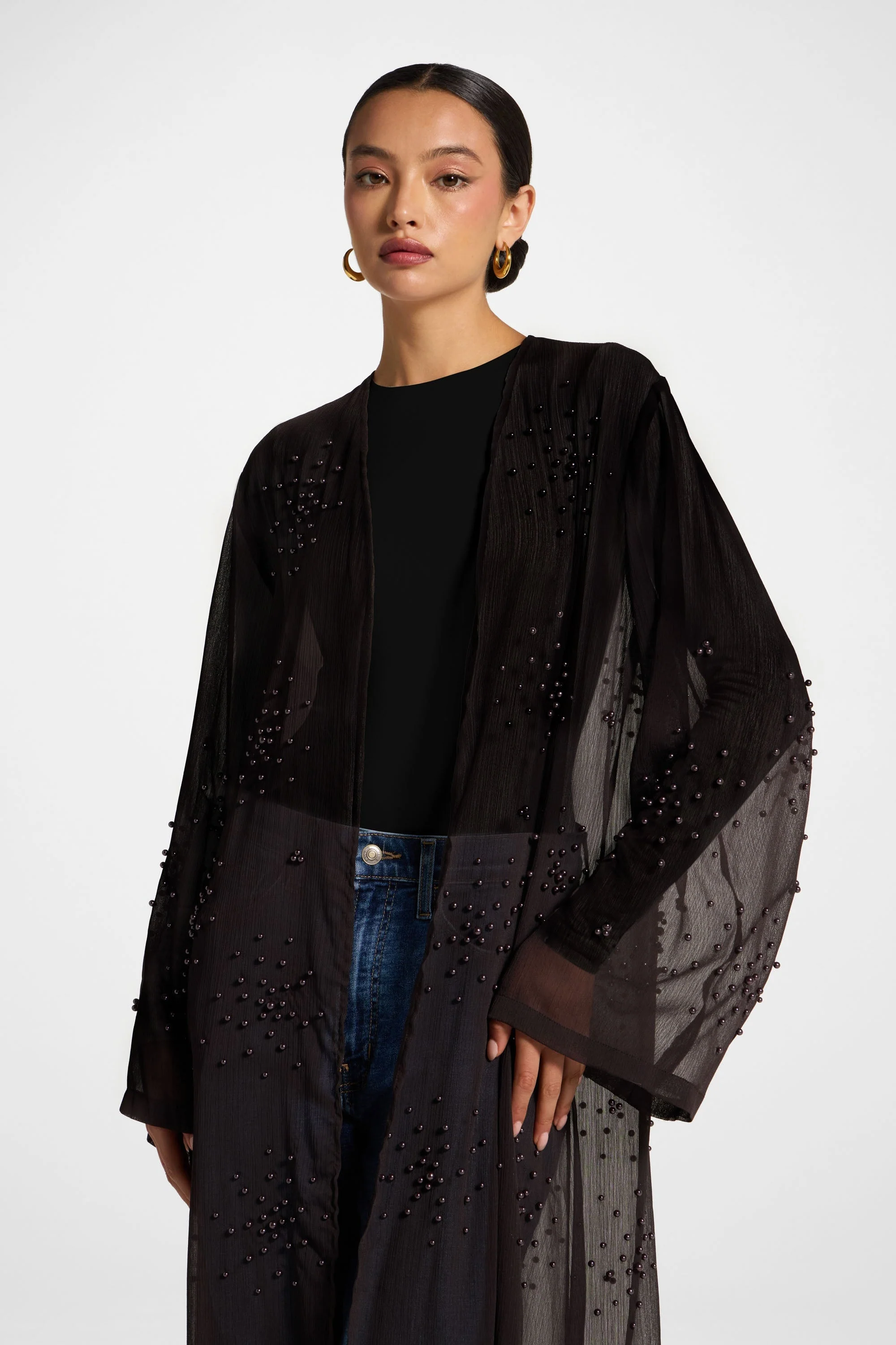 Pearl Embellished Open Abaya - Cove - Image 3