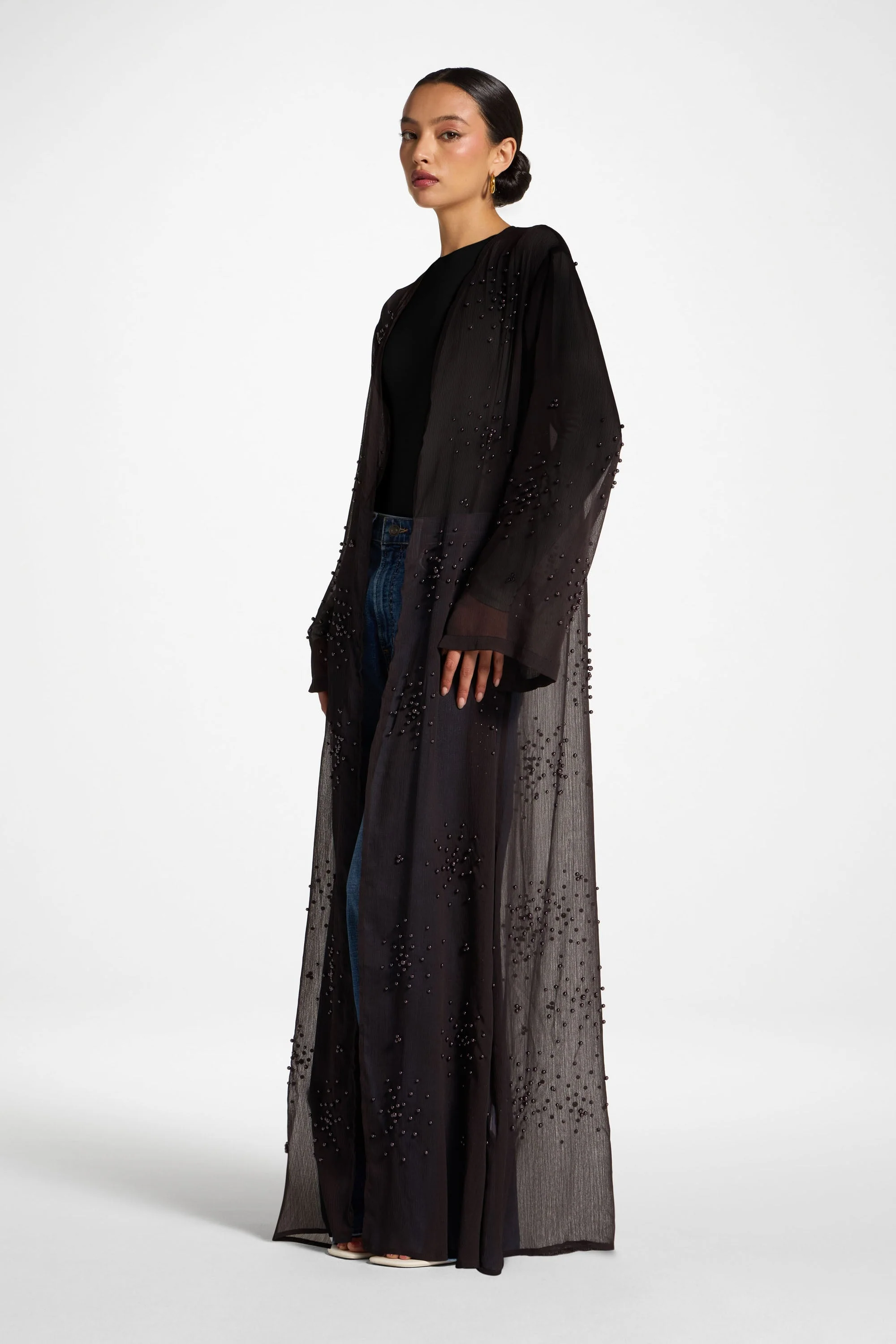 Pearl Embellished Open Abaya - Cove - Image 5