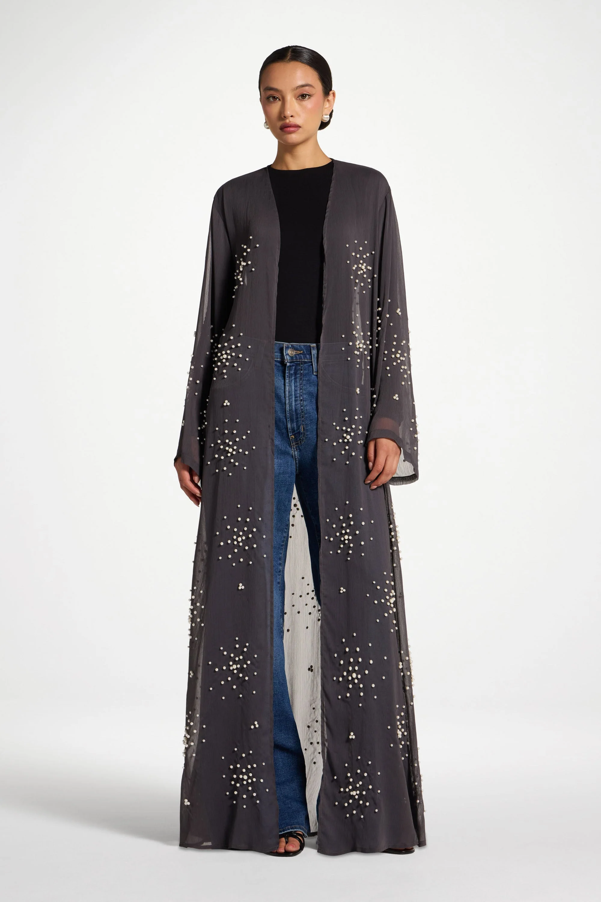 Pearl Embellished Open Abaya - Dark Grey - Image 4