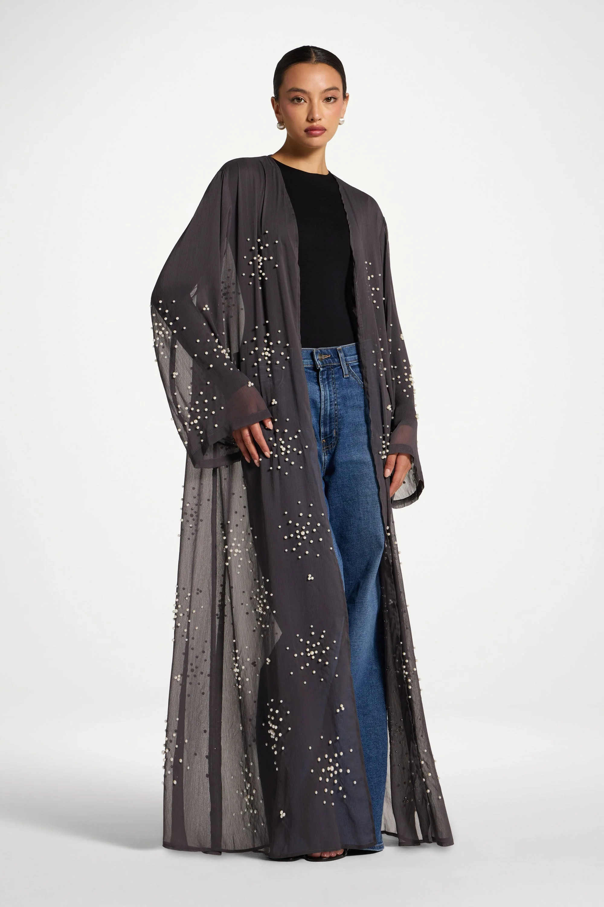 Pearl Embellished Open Abaya - Dark Grey - Image 5
