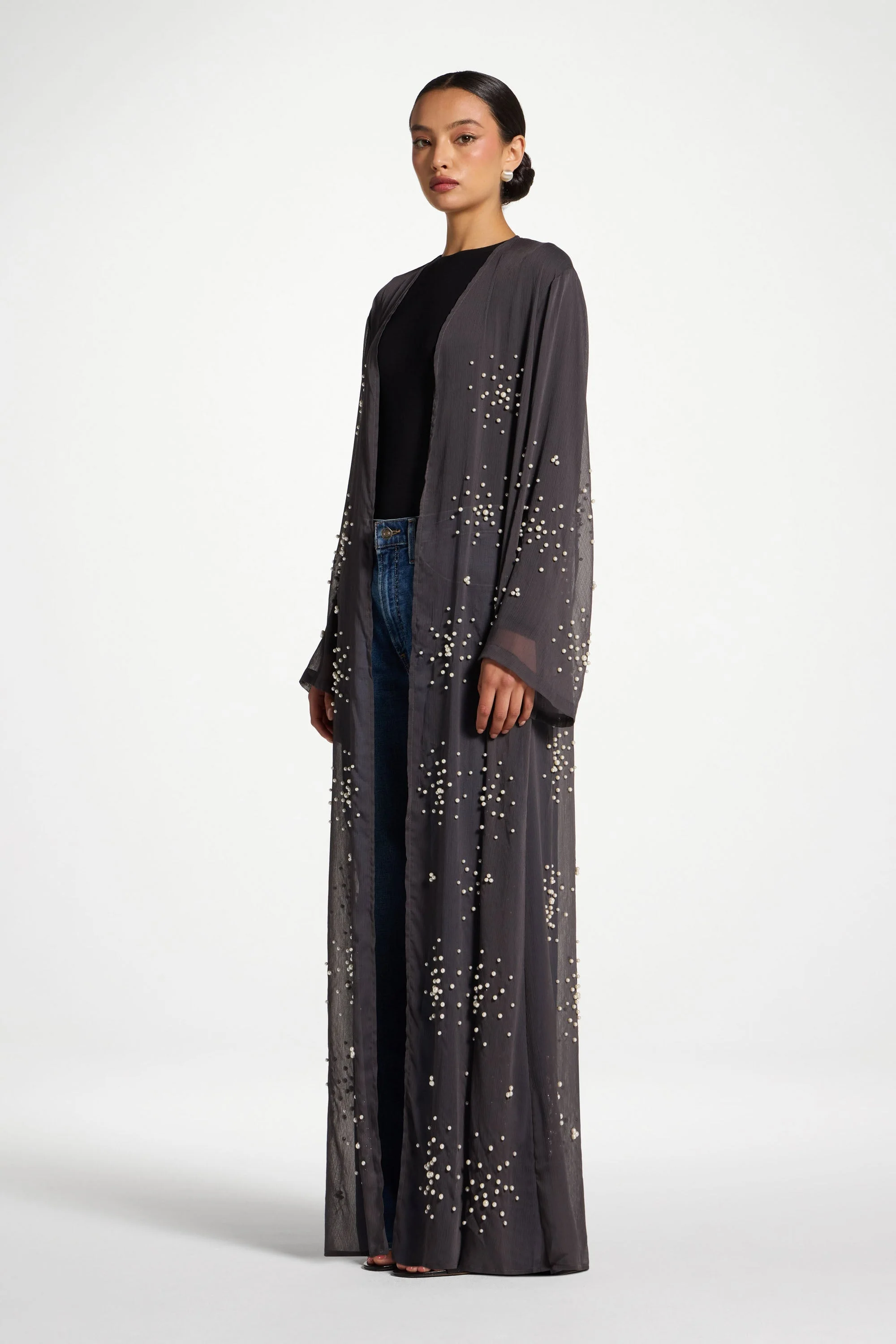 Pearl Embellished Open Abaya - Dark Grey - Image 6