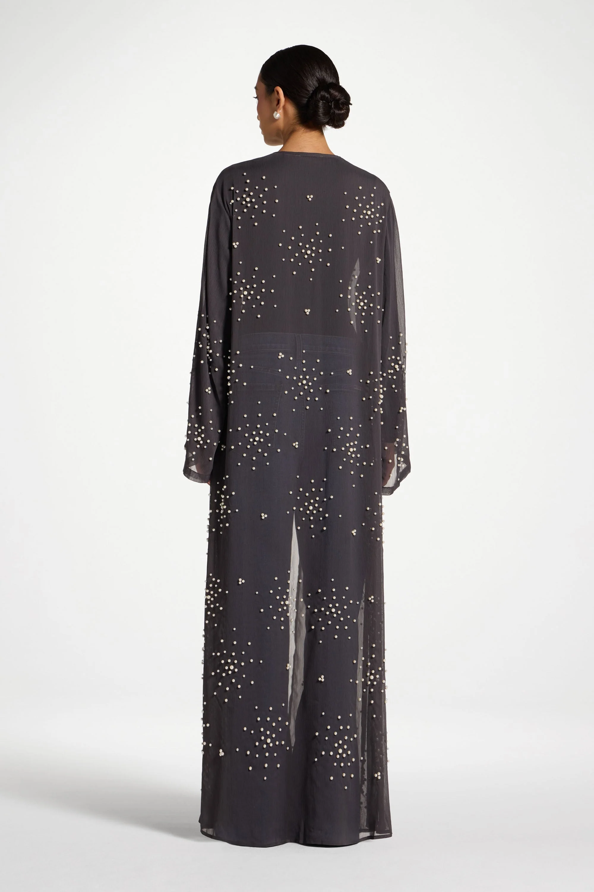 Pearl Embellished Open Abaya - Dark Grey - Image 7