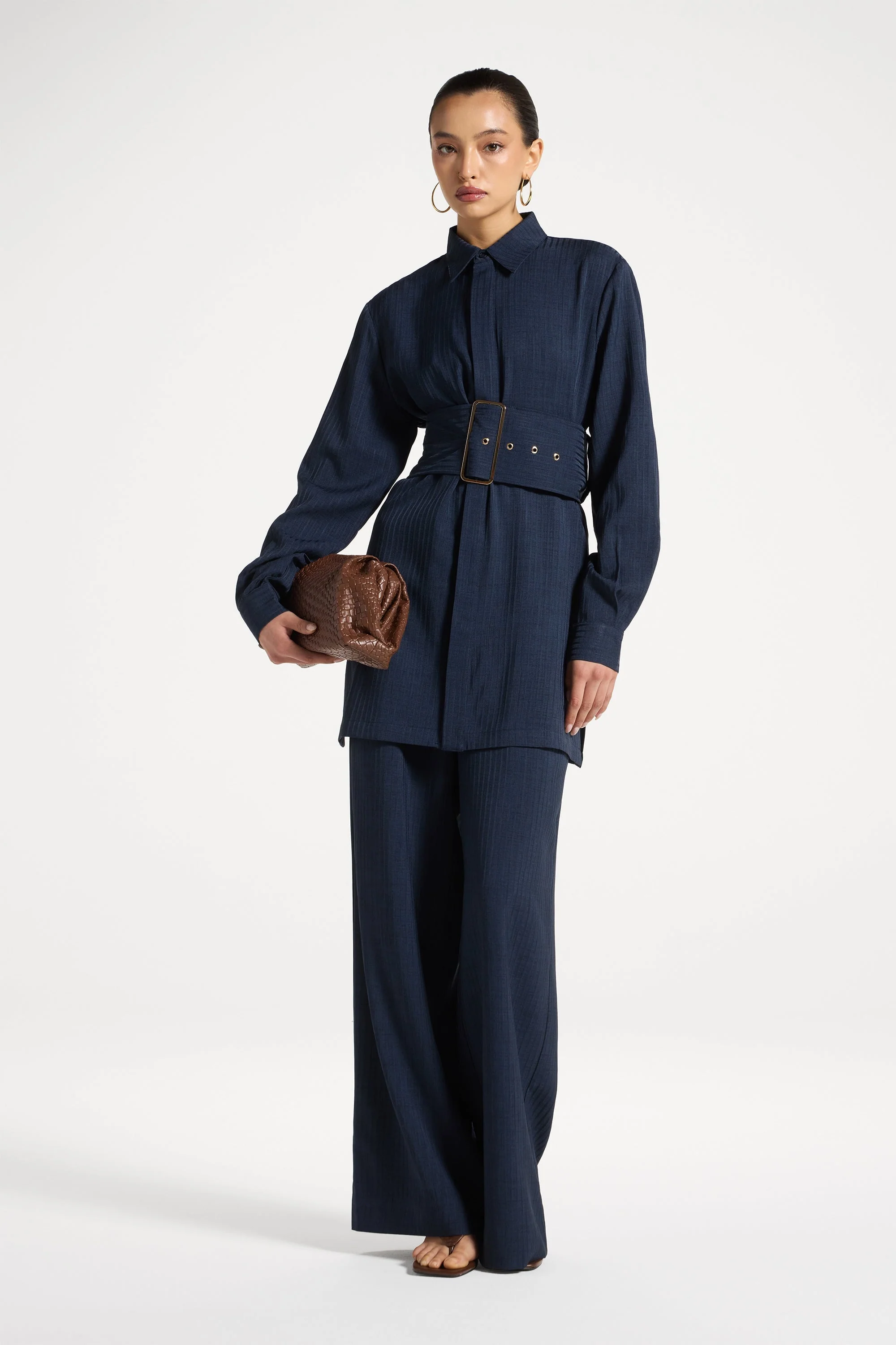 Pinstripe Belted Top - Heritage Blue - Image 3