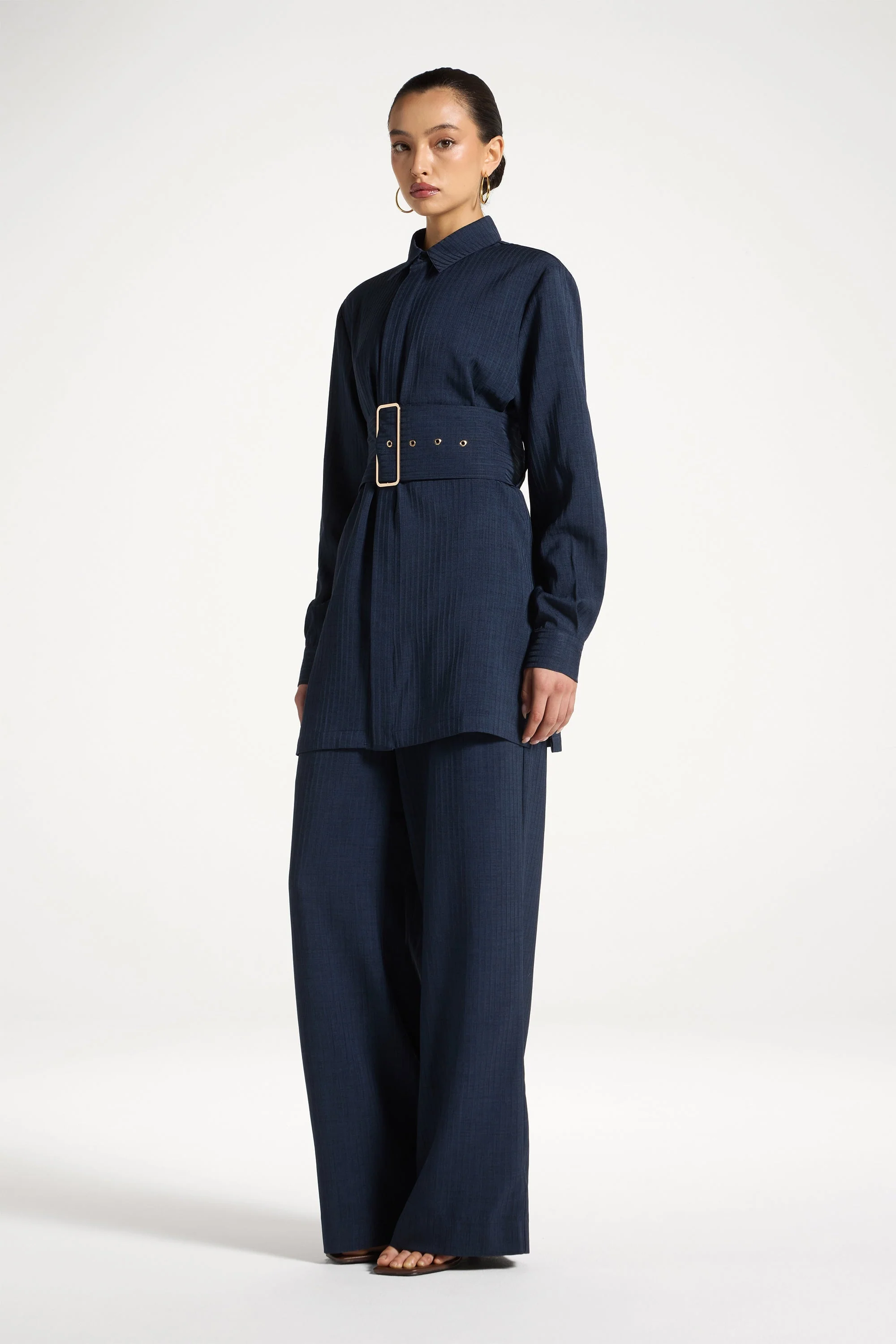 Pinstripe Belted Top - Heritage Blue - Image 4