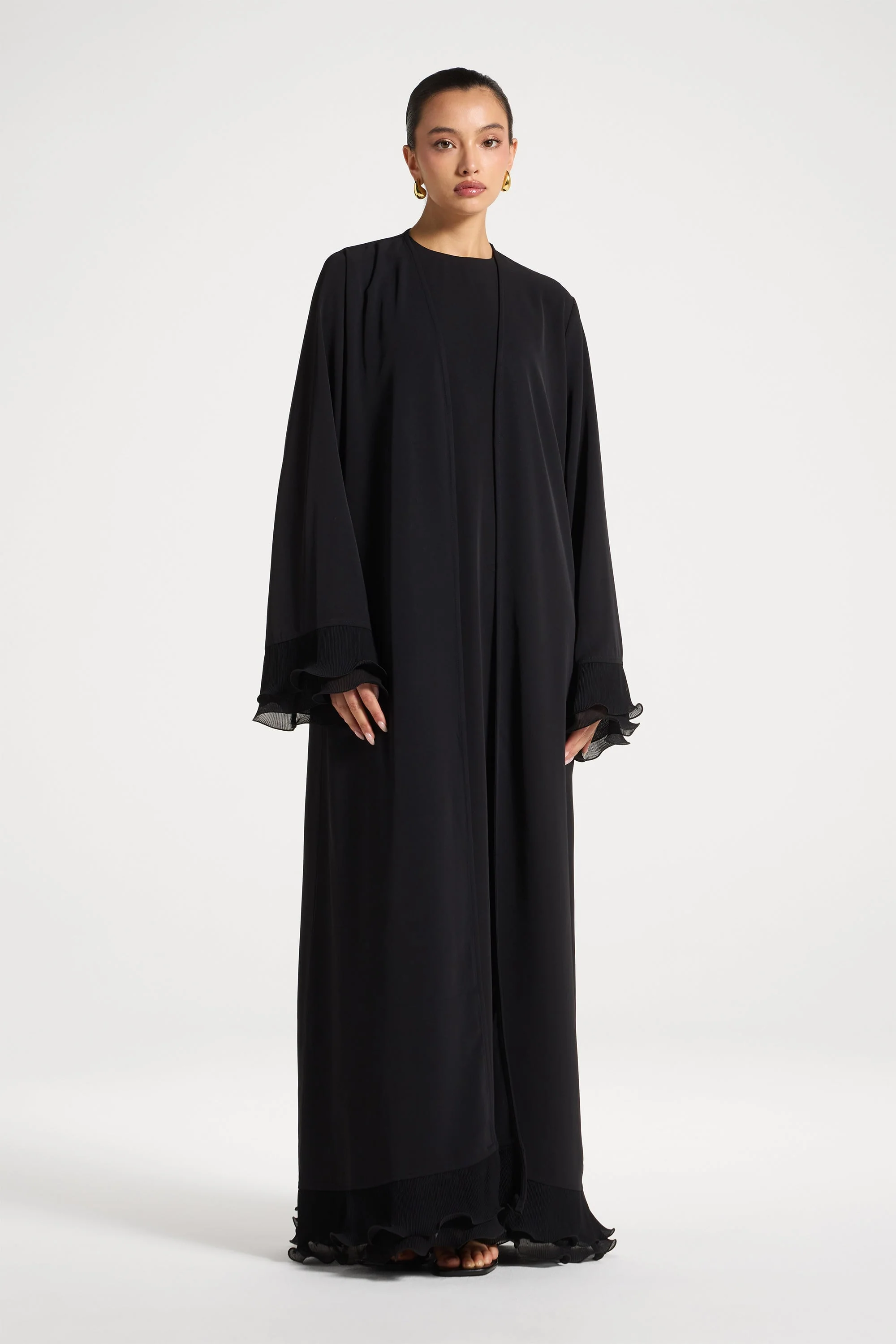 Pleated Sleeve Open Abaya - Black