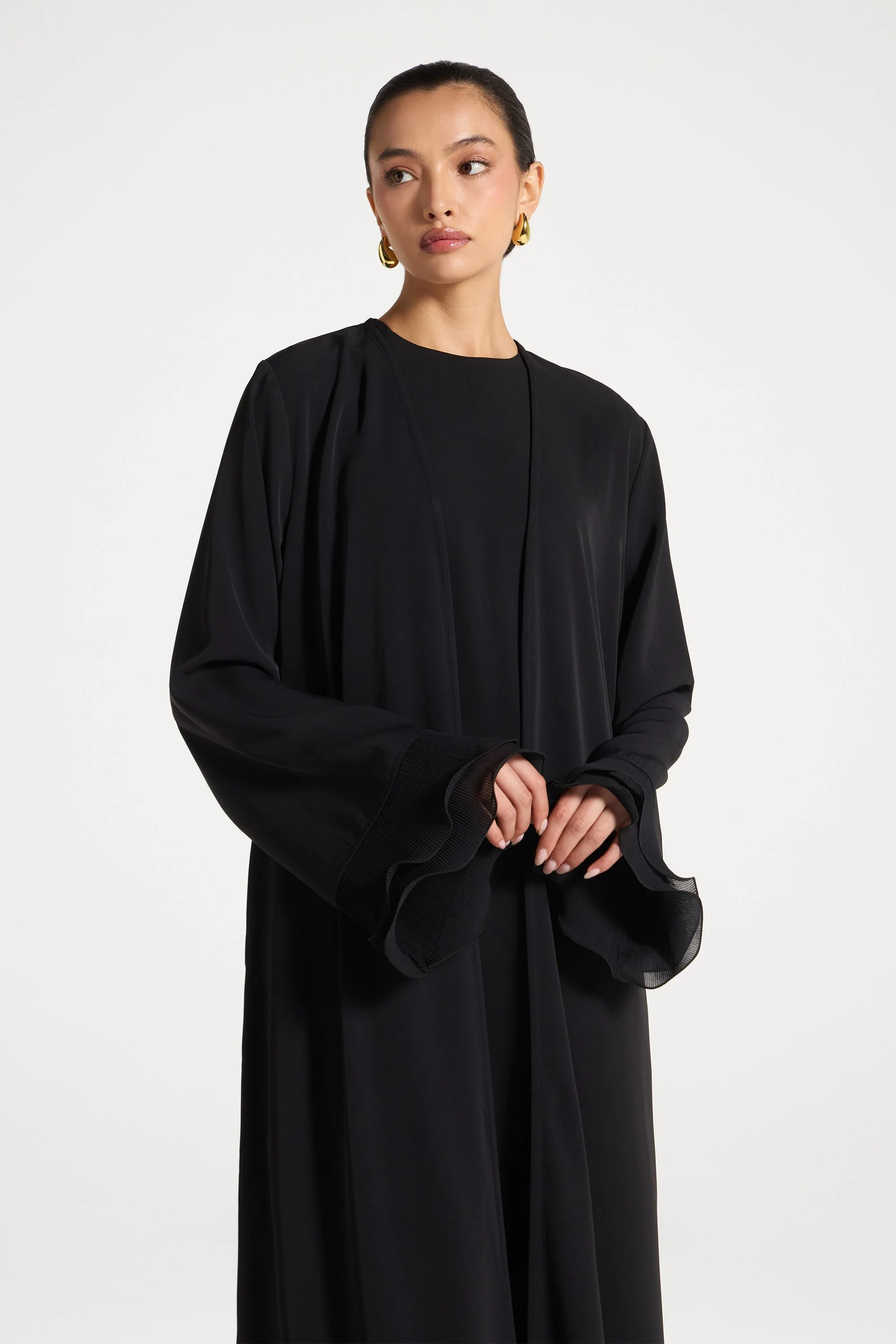 Pleated Sleeve Open Abaya - Black - Image 2