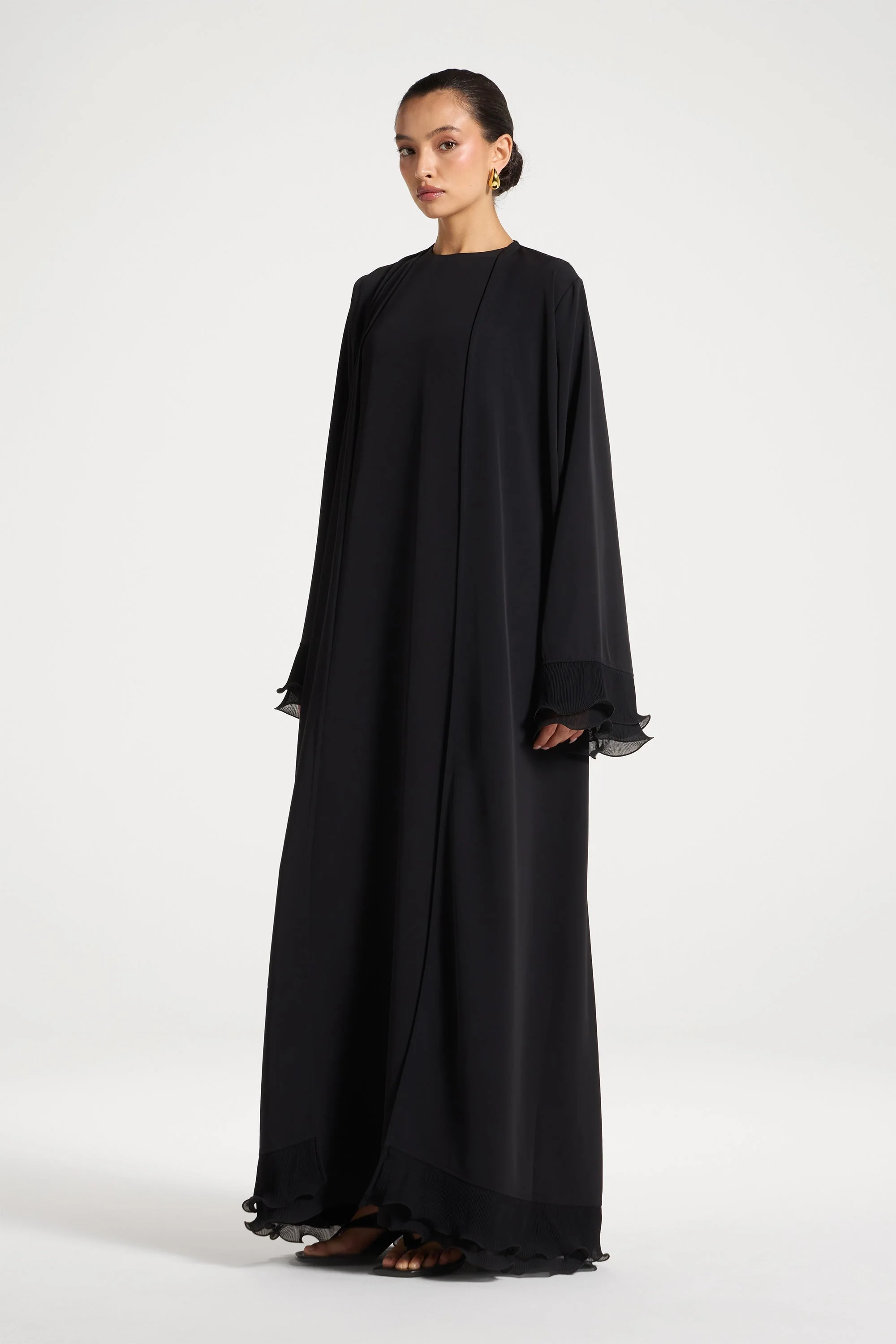 Pleated Sleeve Open Abaya - Black - Image 4