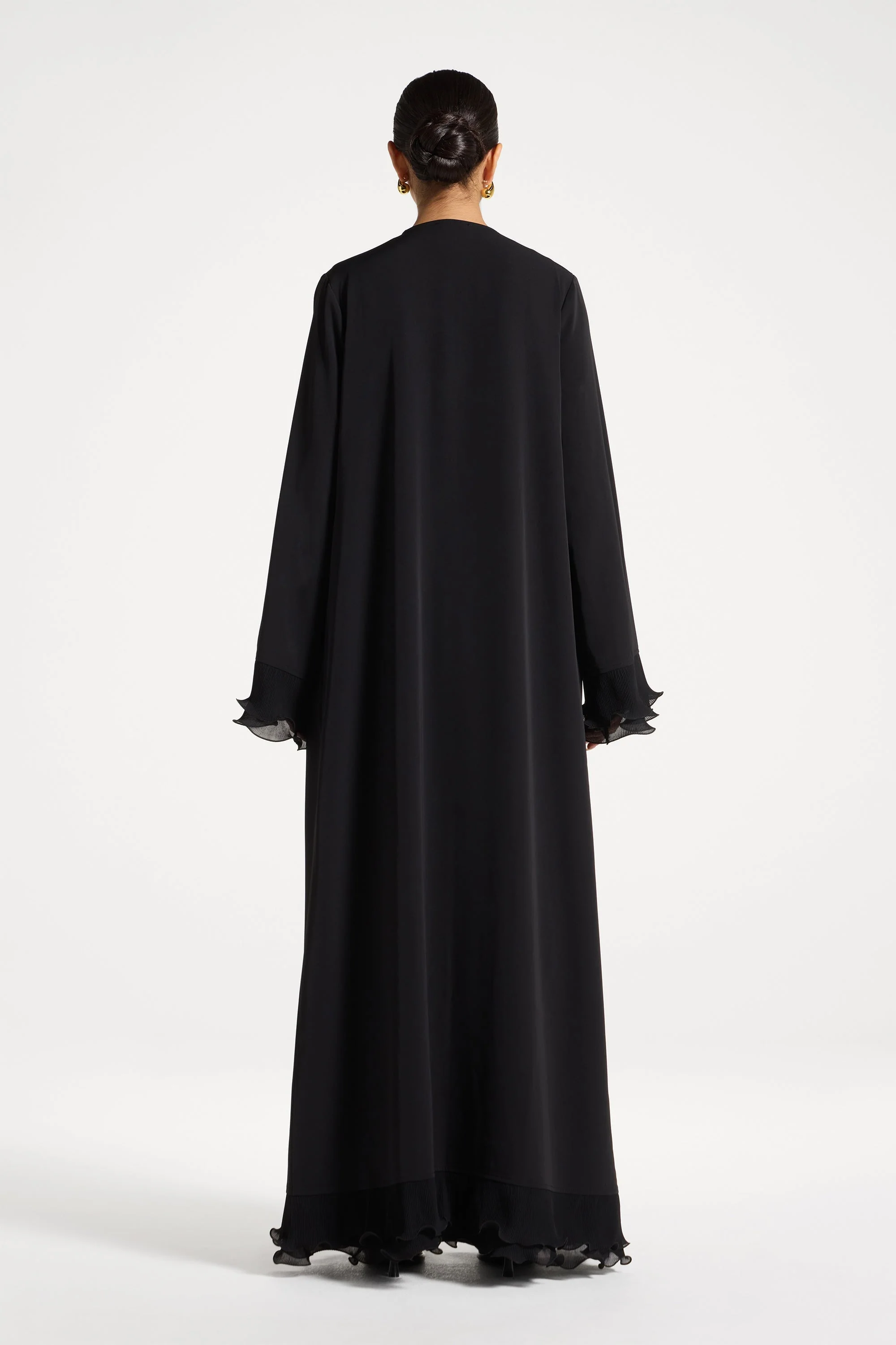 Pleated Sleeve Open Abaya - Black - Image 5