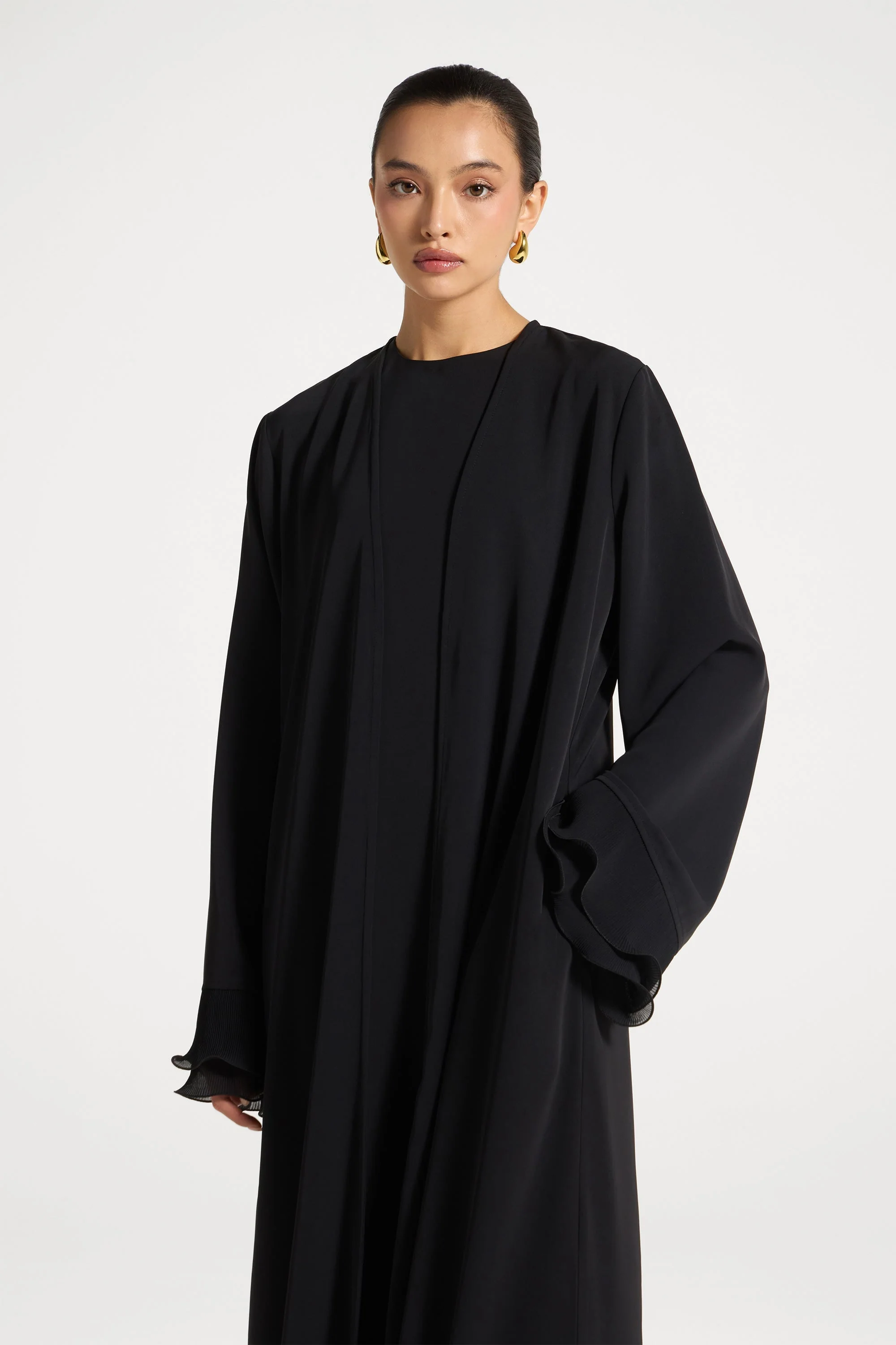 Pleated Sleeve Open Abaya - Black - Image 6