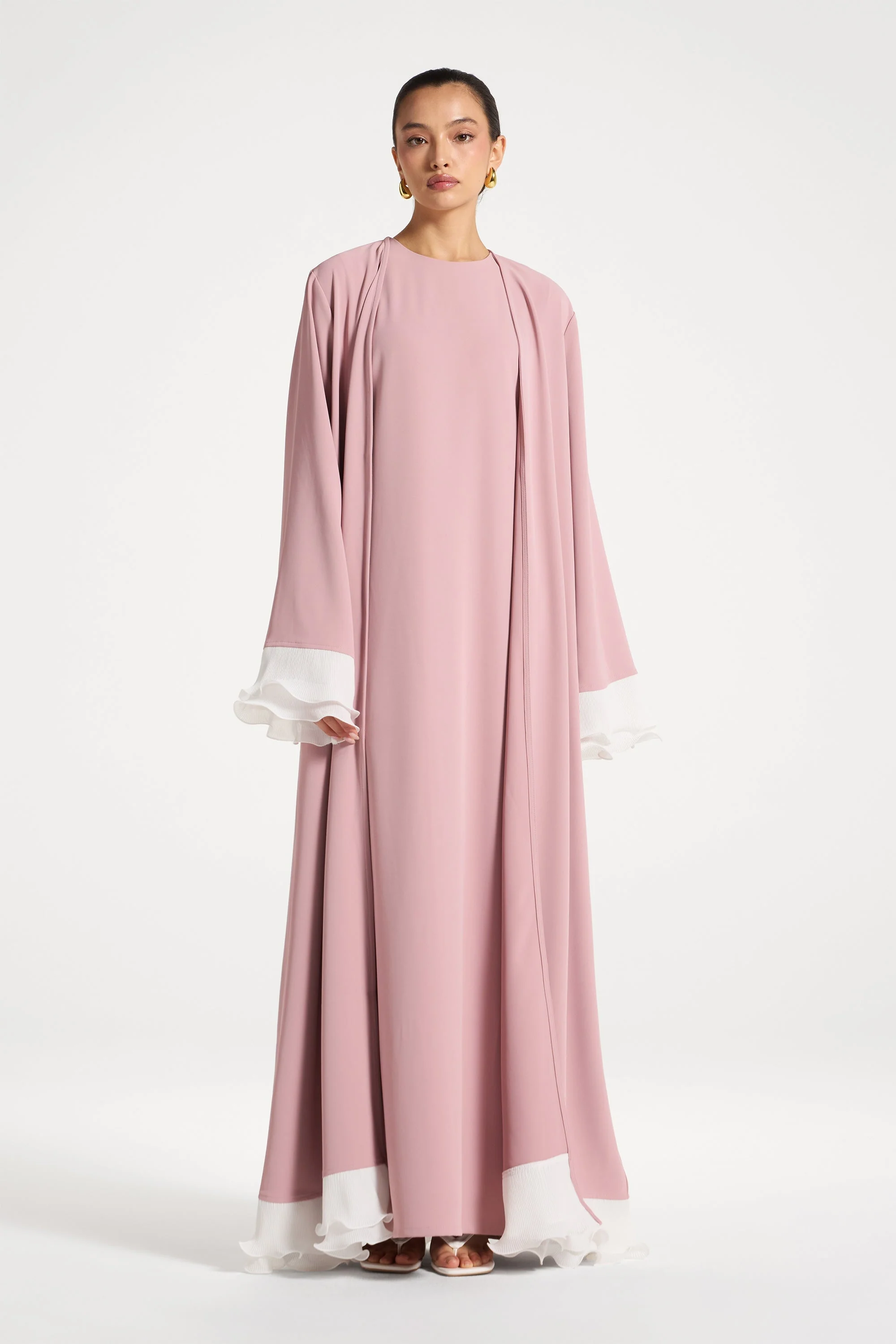 Pleated Sleeve Open Abaya - Pink