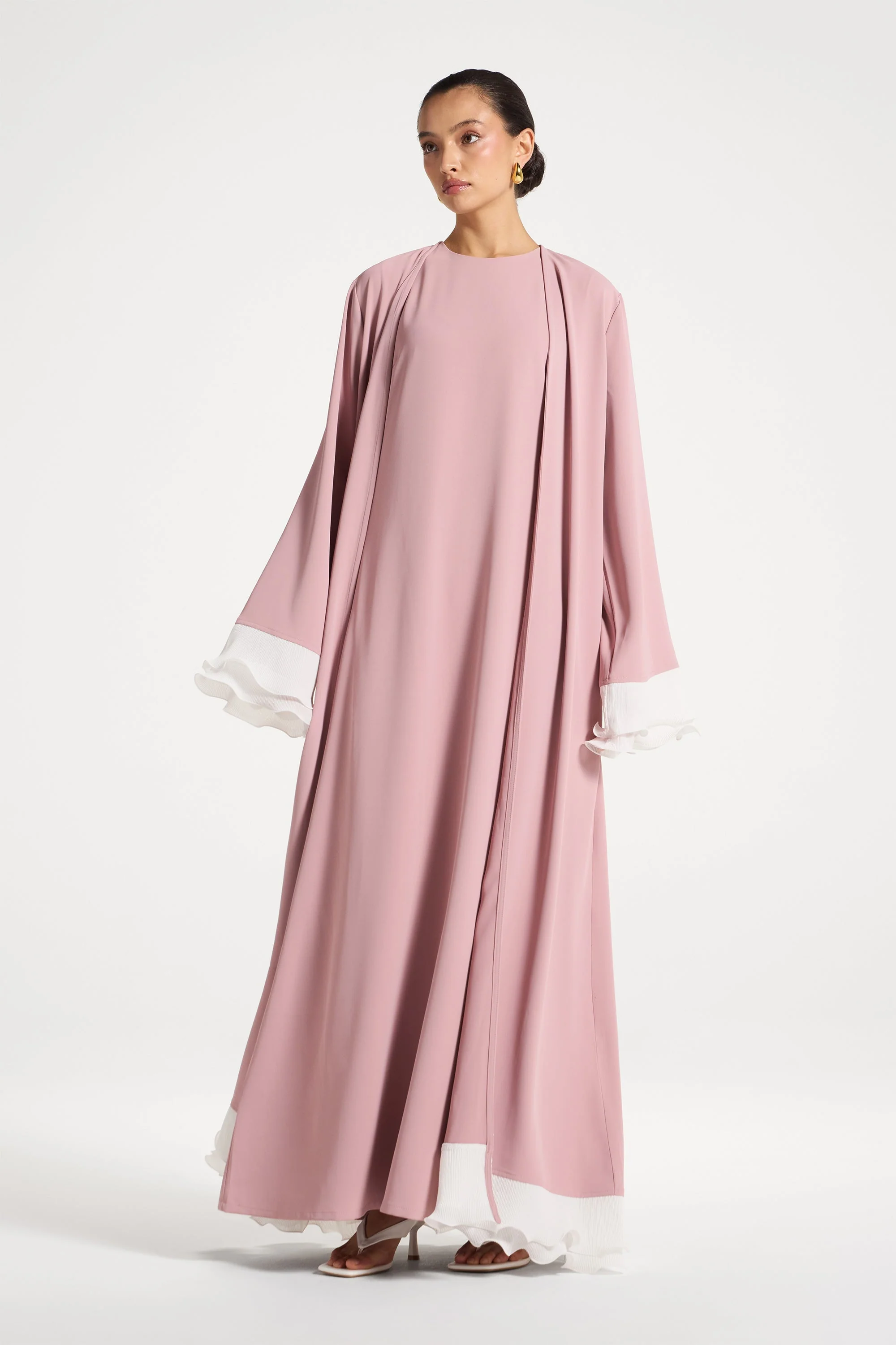 Pleated Sleeve Open Abaya - Pink - Image 2