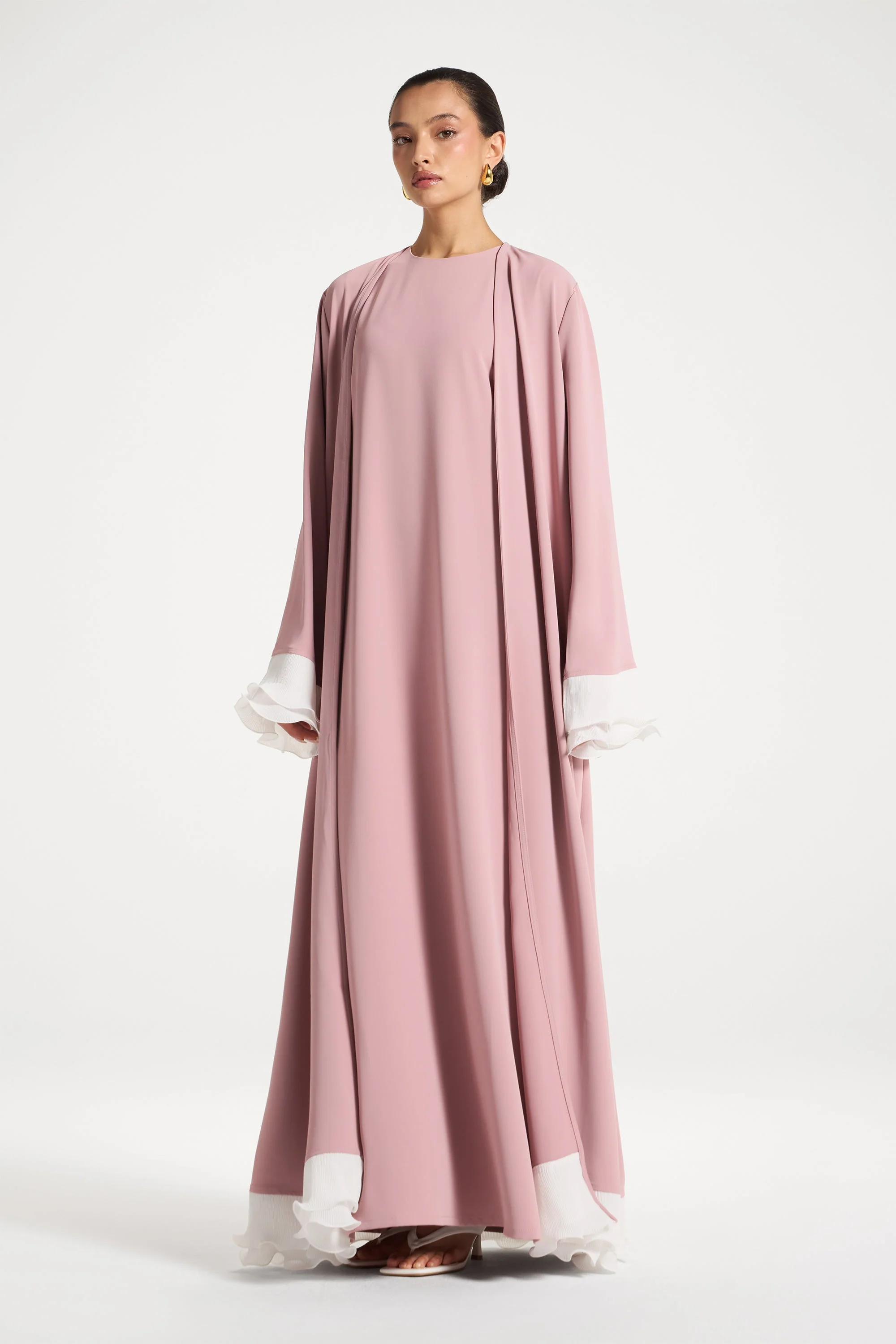 Pleated Sleeve Open Abaya - Pink - Image 3
