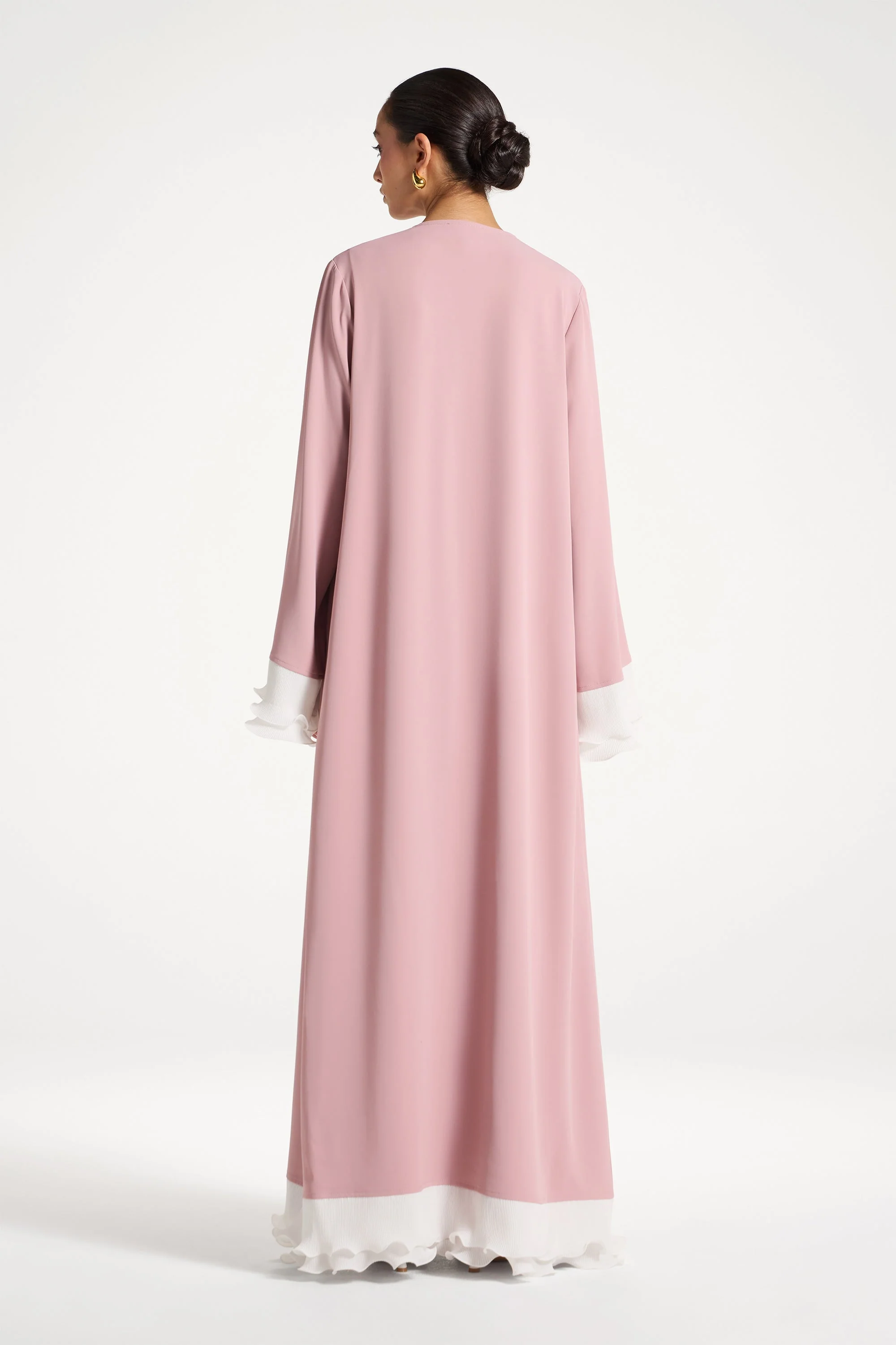 Pleated Sleeve Open Abaya - Pink - Image 4