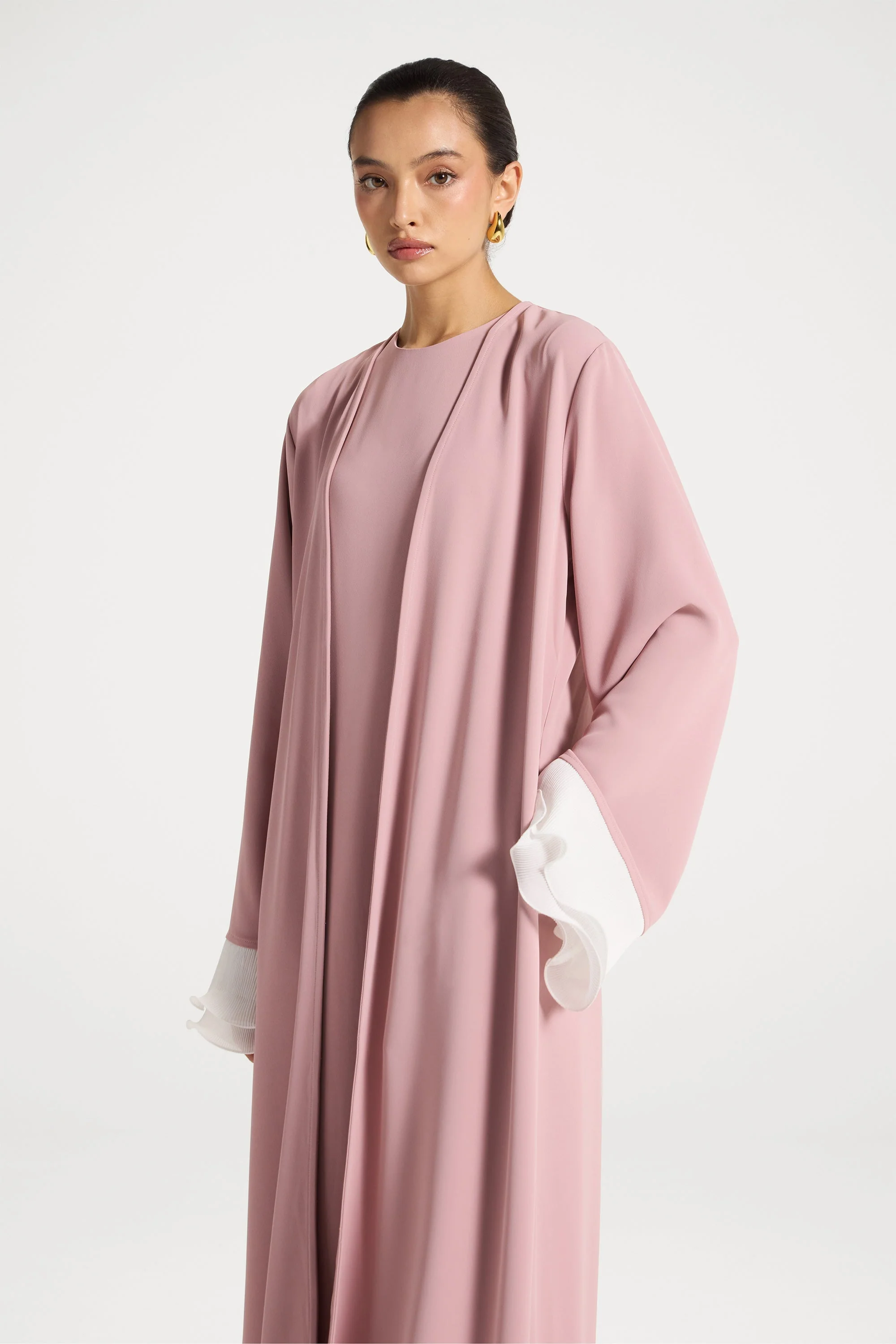 Pleated Sleeve Open Abaya - Pink - Image 5