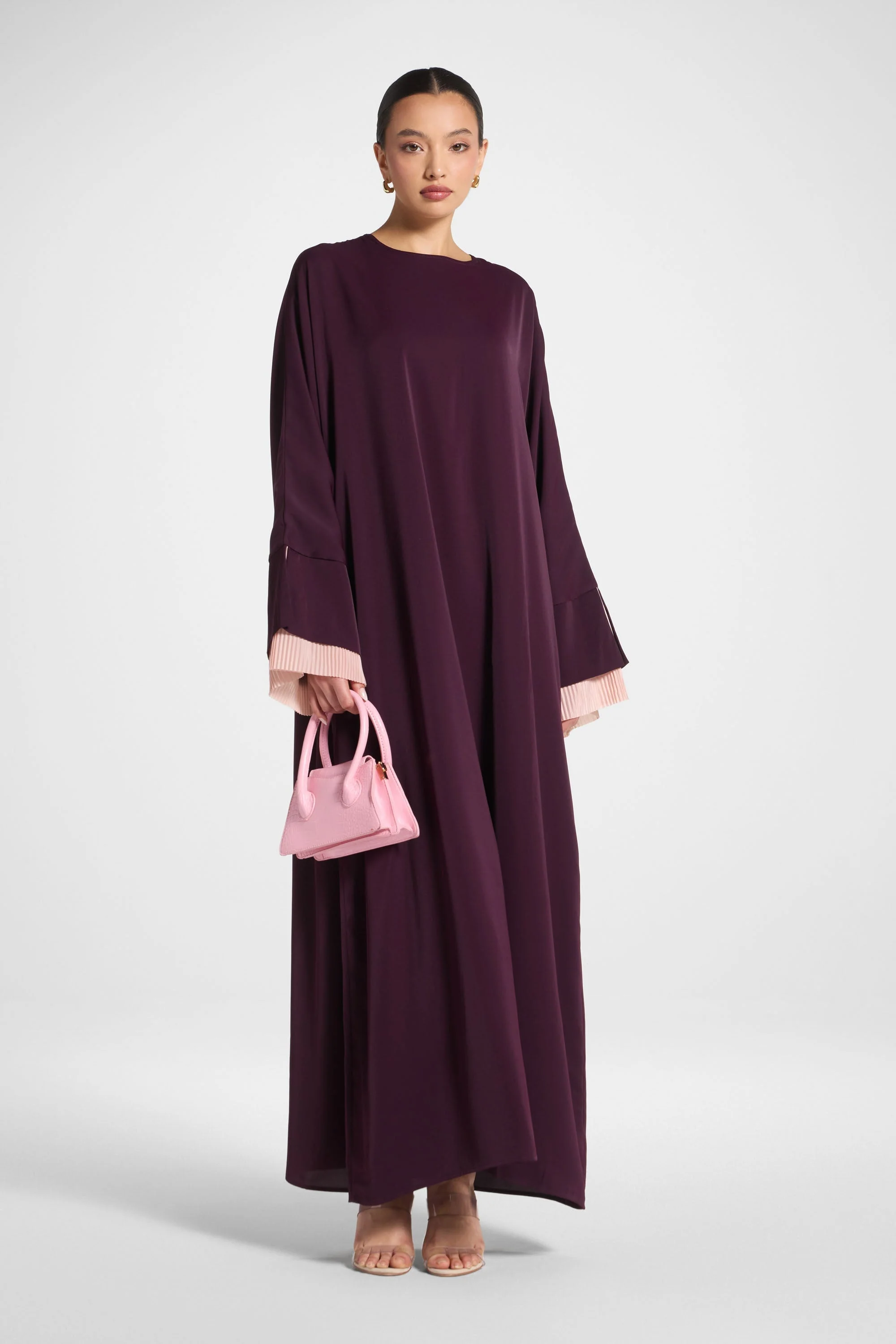 Plisse Sleeve Abaya - Chocolate Plum - Image 3
