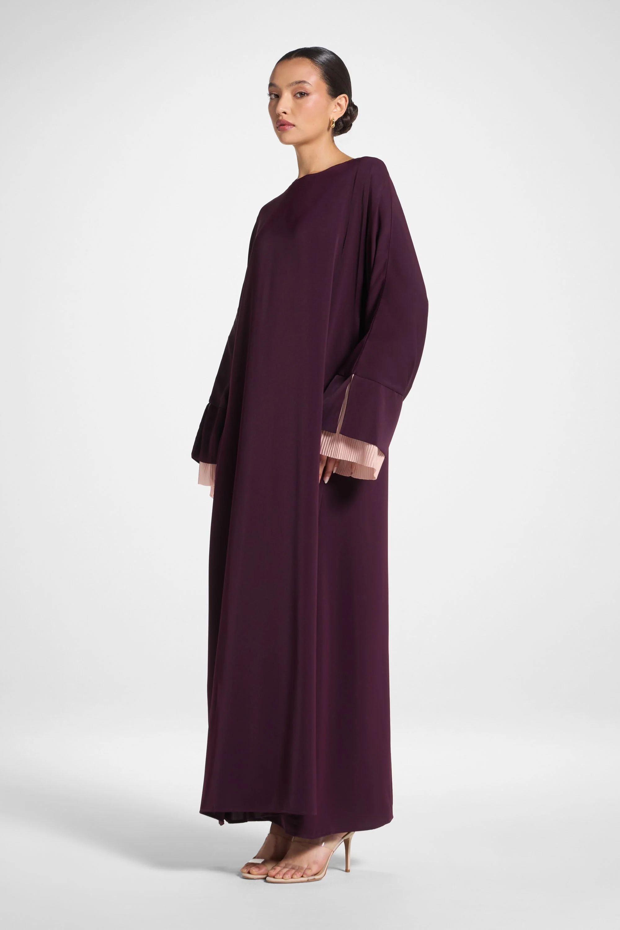 Plisse Sleeve Abaya - Chocolate Plum - Image 5
