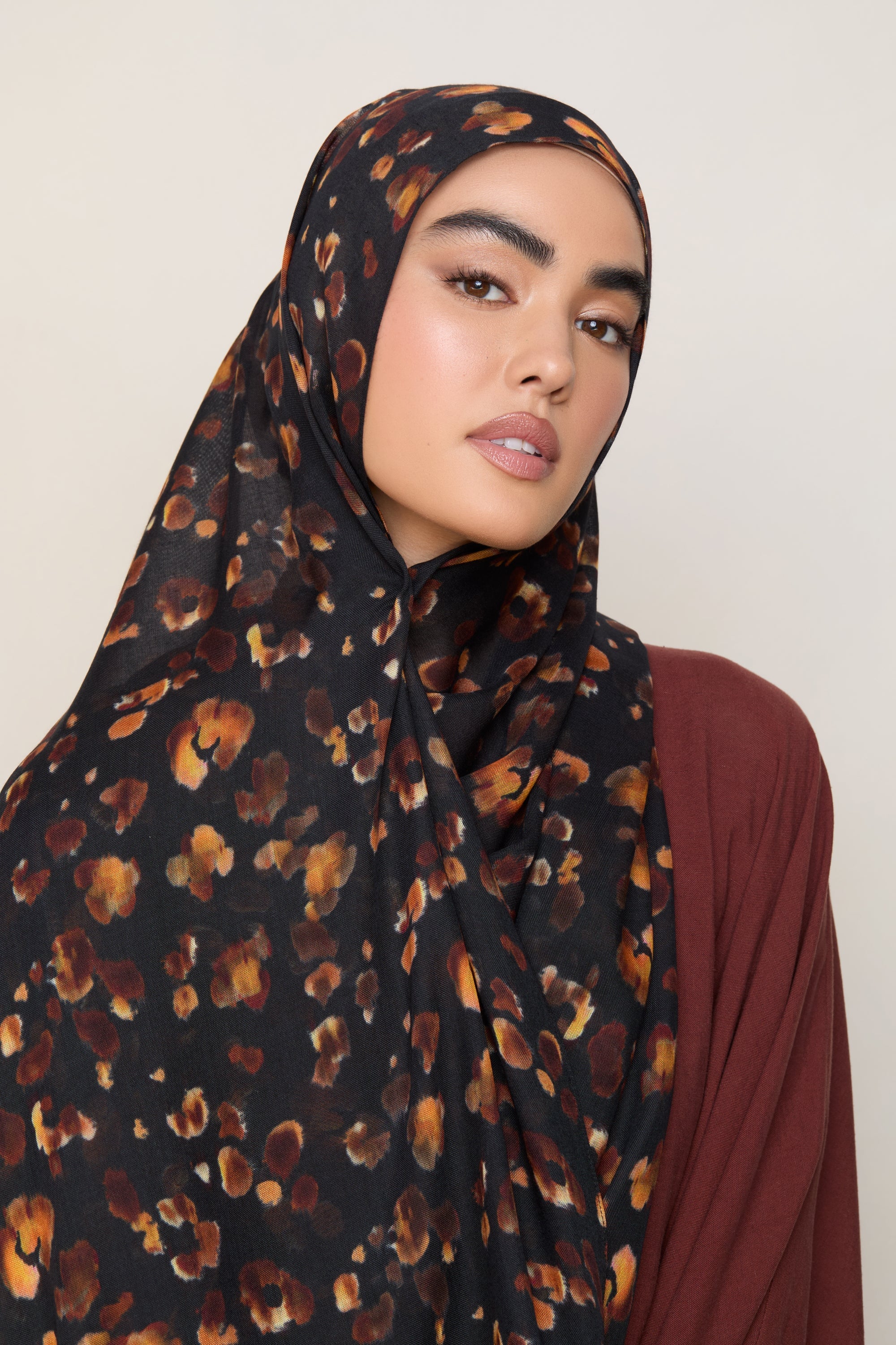 Printed Modal Hijab - Black Leopard Bloom - Image 4