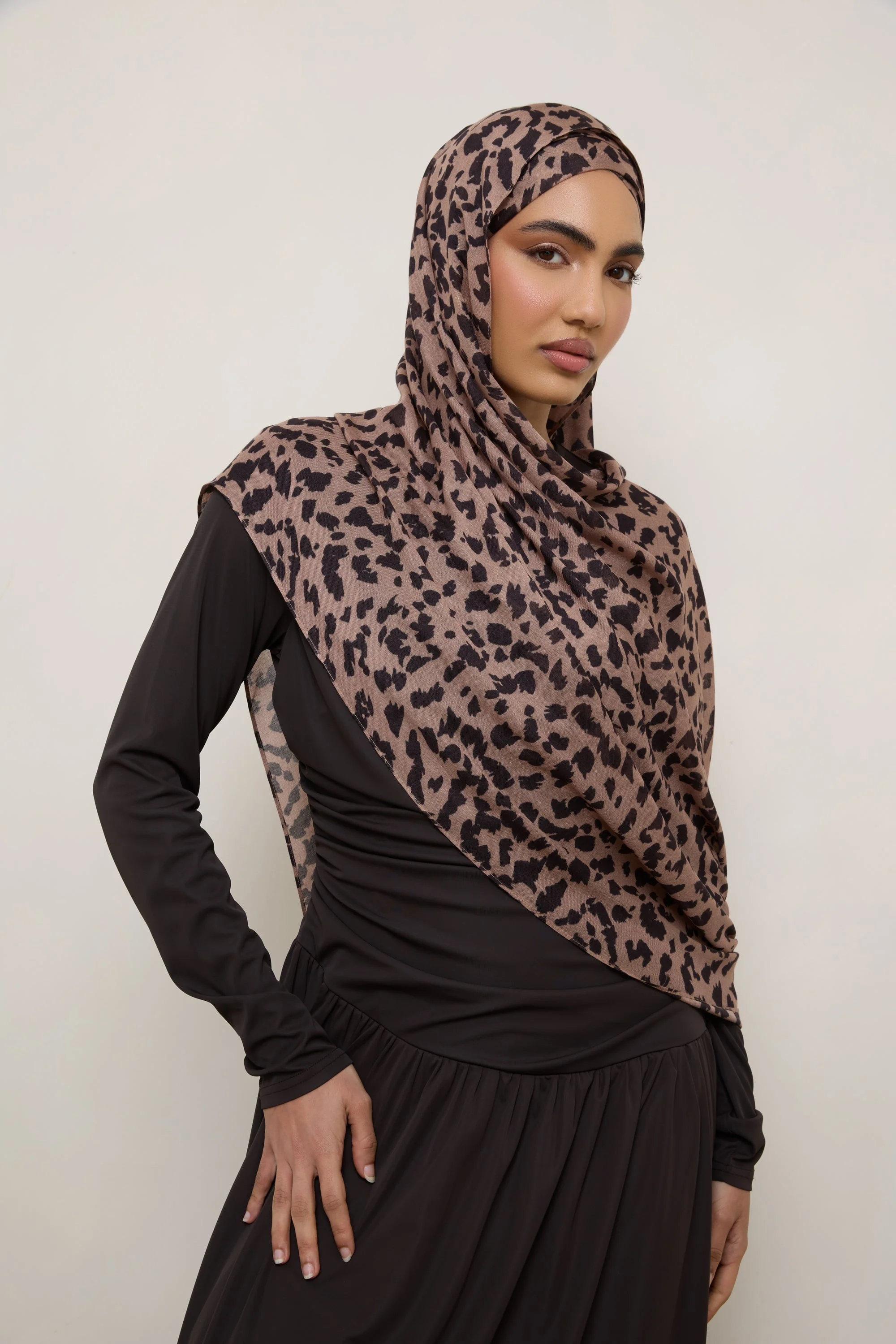 Printed Modal Hijab - Mocha Leopard - Image 3