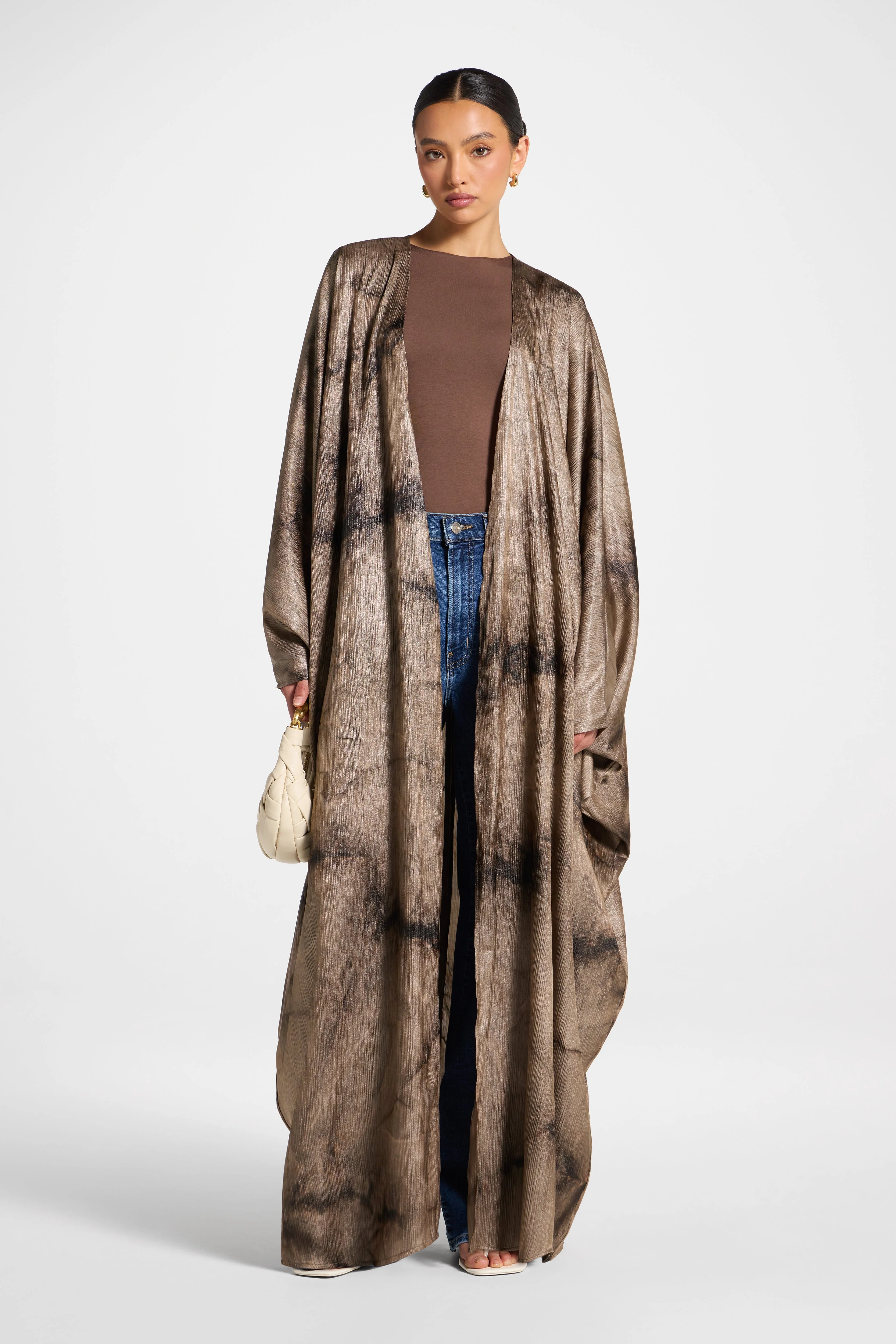 Printed Open Abaya - Coffee - Image 3