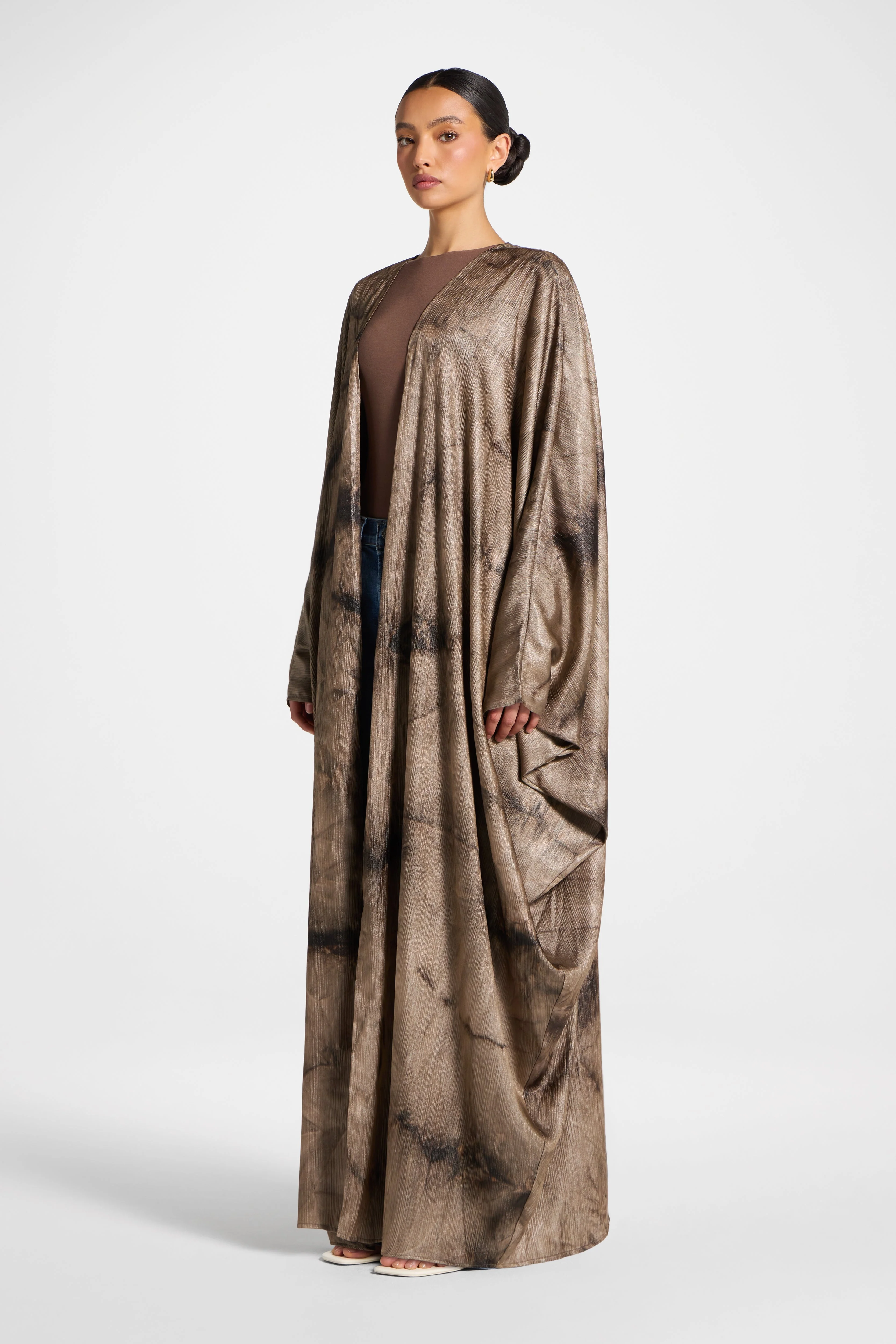 Printed Open Abaya - Coffee - Image 4
