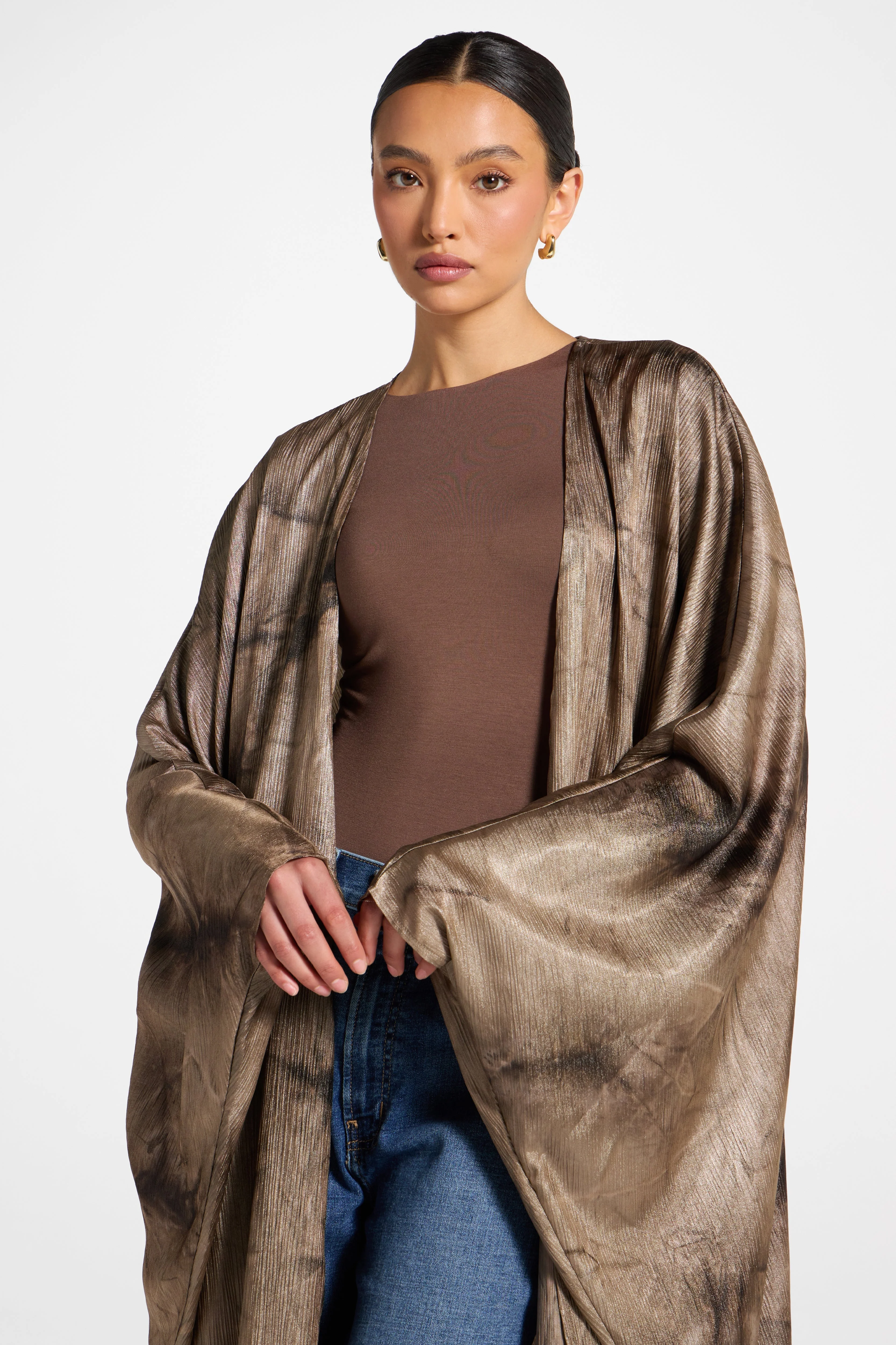 Printed Open Abaya - Coffee - Image 6