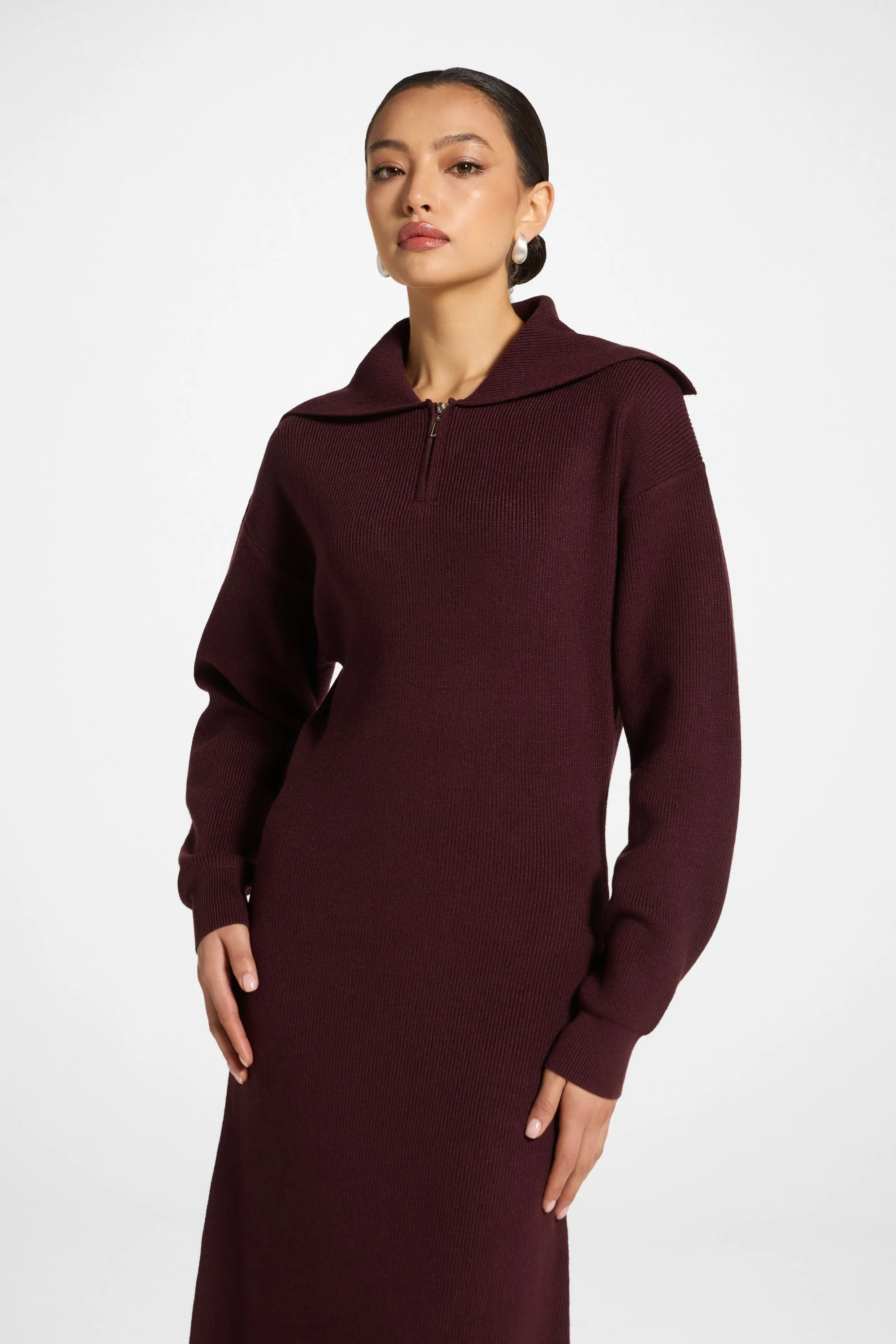 Quarter Zip Knit Maxi Dress - Chocolate Truffle - Image 3