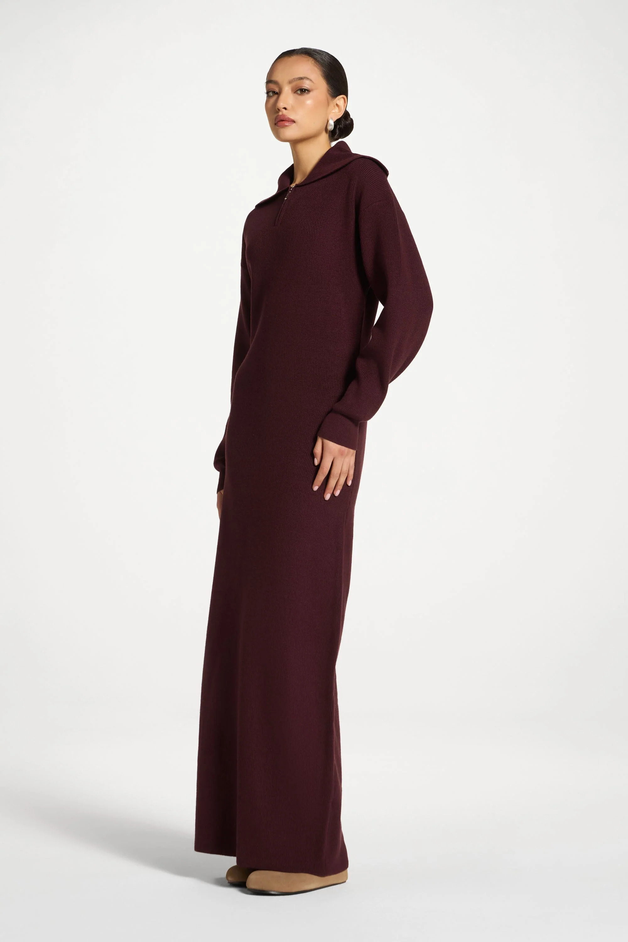 Quarter Zip Knit Maxi Dress - Chocolate Truffle - Image 4
