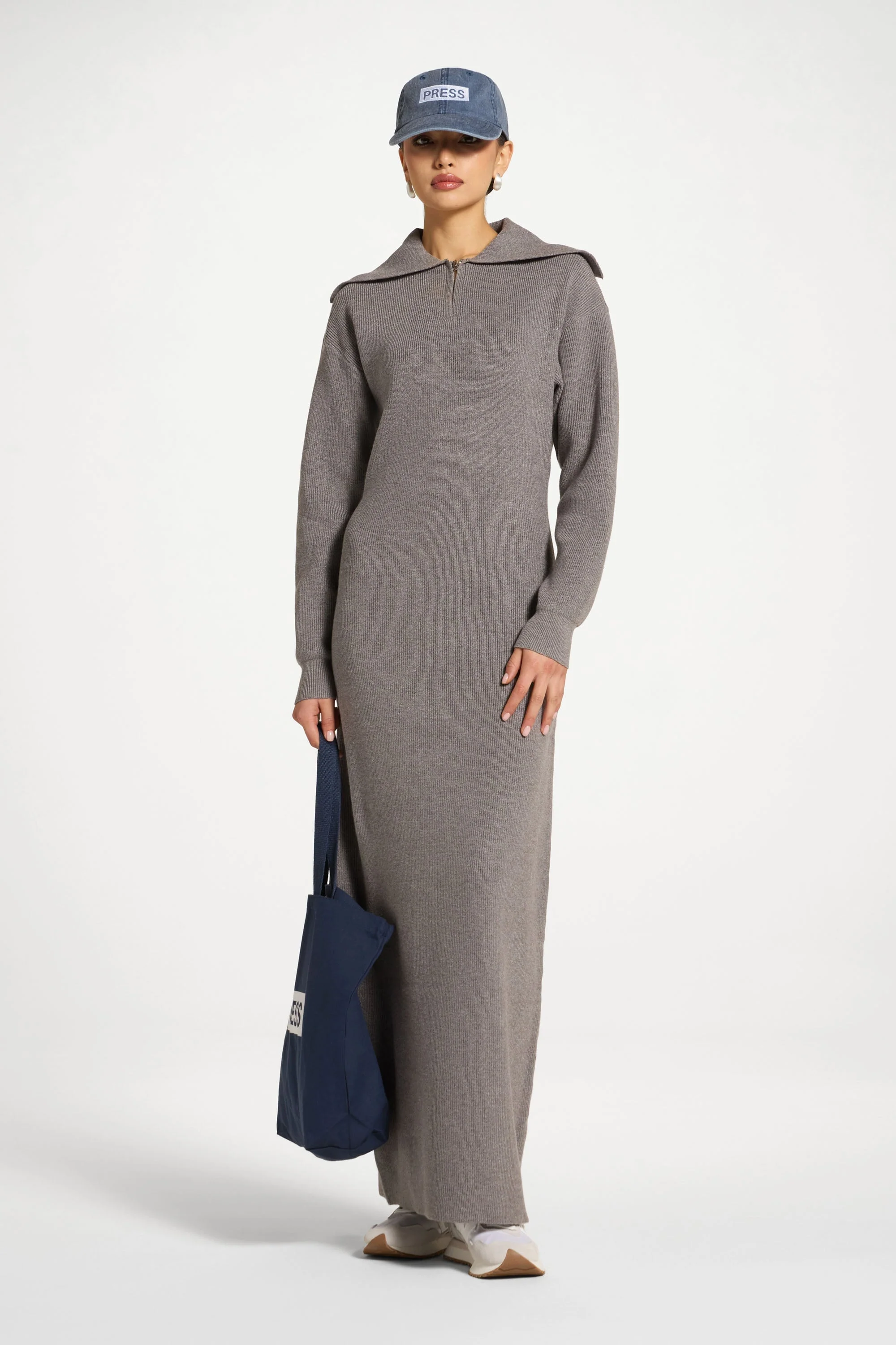 Quarter Zip Knit Maxi Dress - Heather Grey - Image 3