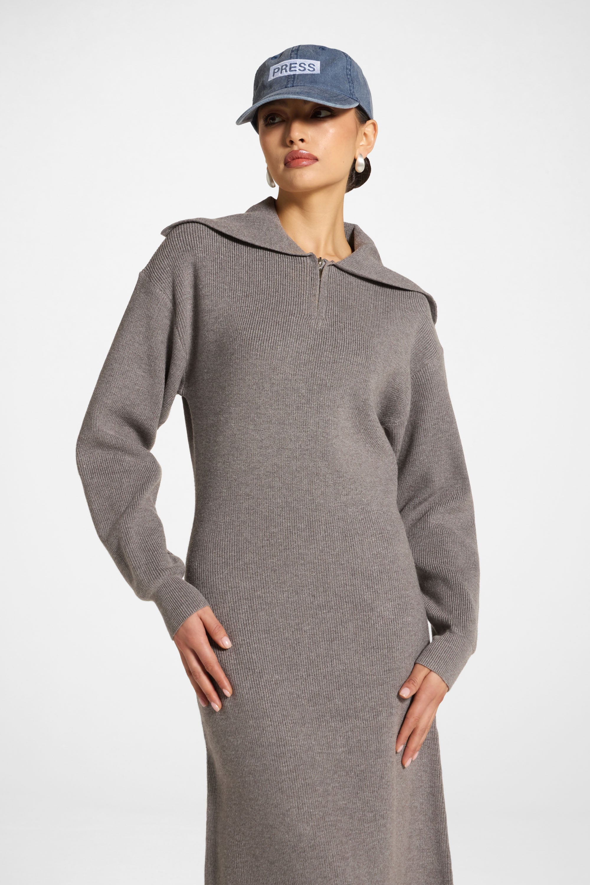 Quarter Zip Knit Maxi Dress - Heather Grey - Image 4