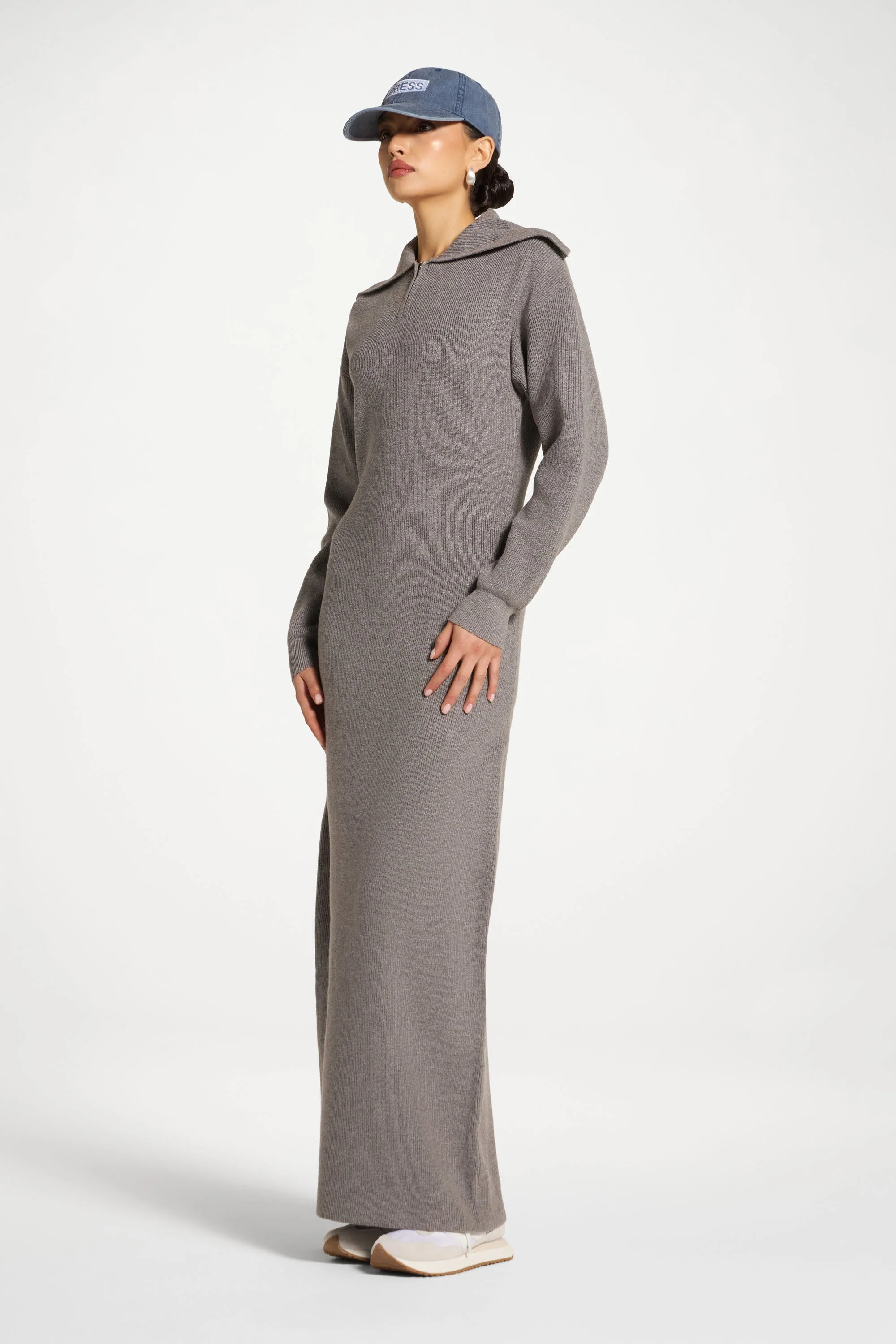 Quarter Zip Knit Maxi Dress - Heather Grey - Image 6