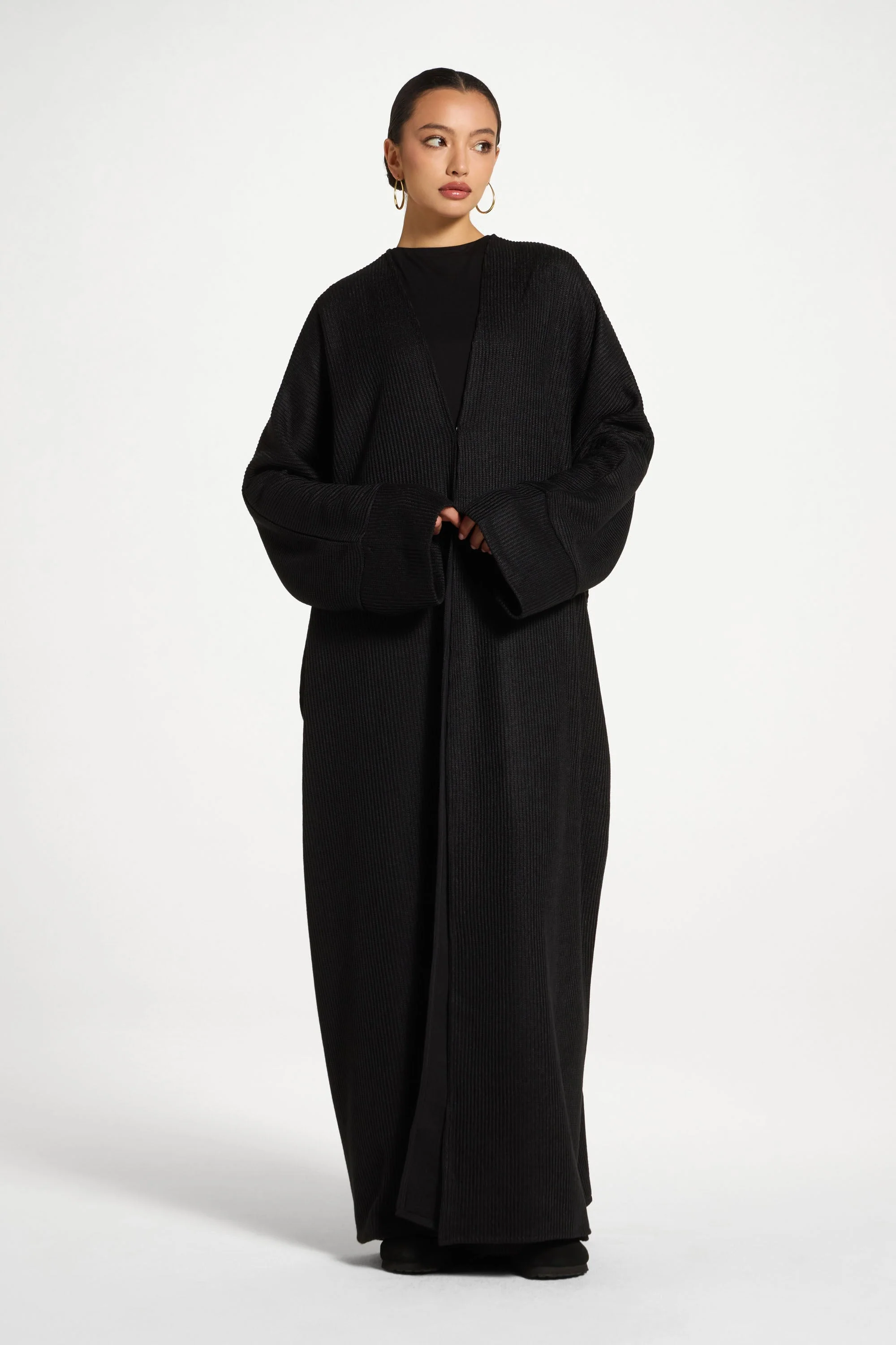 Relaxed Knit Open Abaya - Black