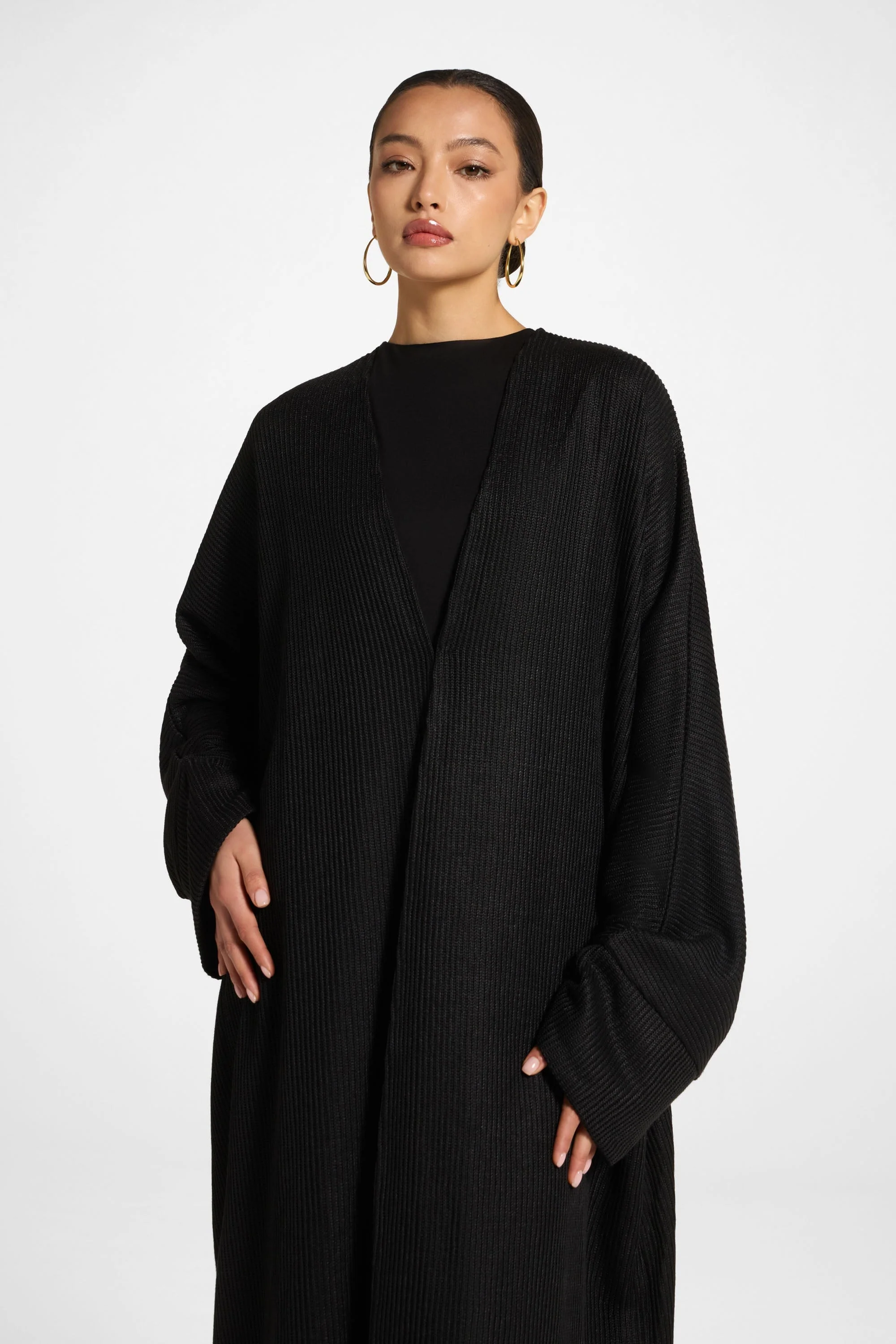 Relaxed Knit Open Abaya - Black - Image 2