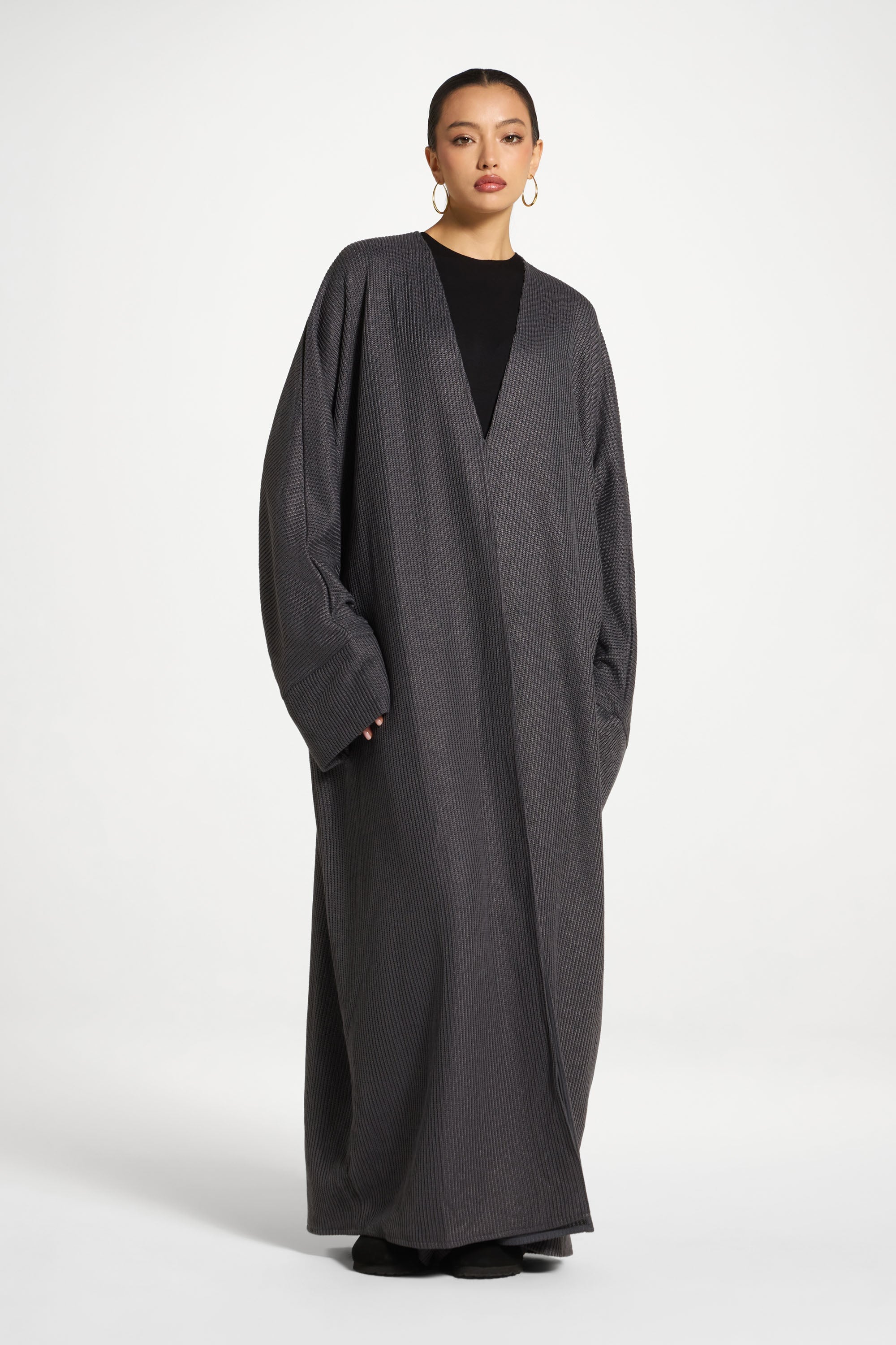 Relaxed Knit Open Abaya - Iron