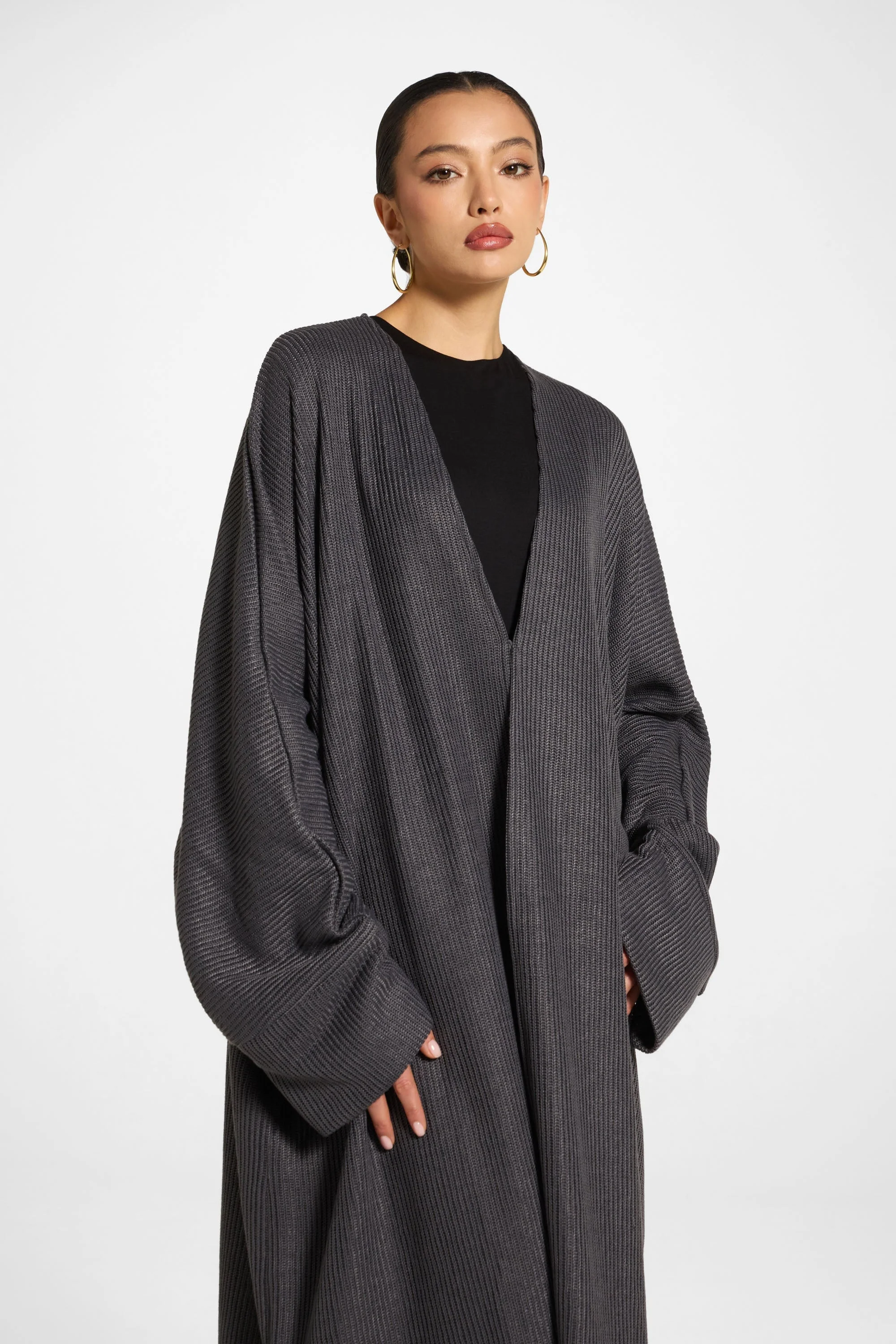 Relaxed Knit Open Abaya - Iron - Image 2