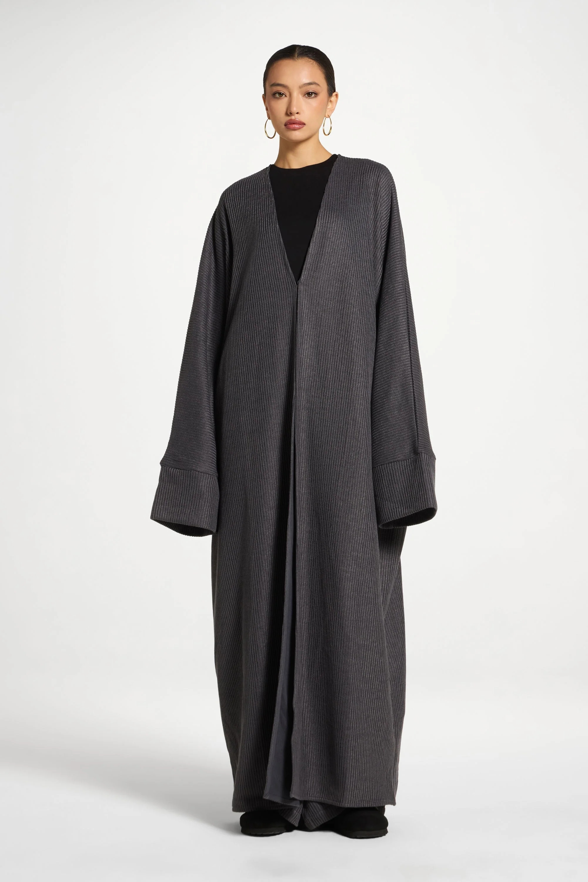 Relaxed Knit Open Abaya - Iron - Image 3