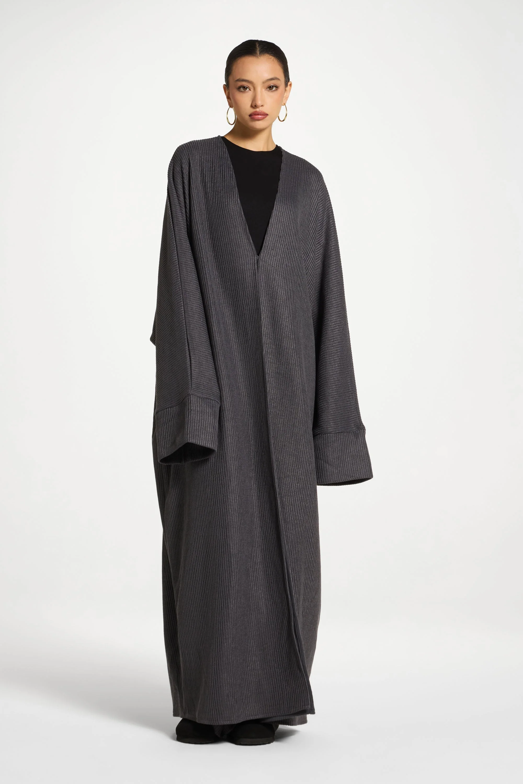 Relaxed Knit Open Abaya - Iron - Image 4
