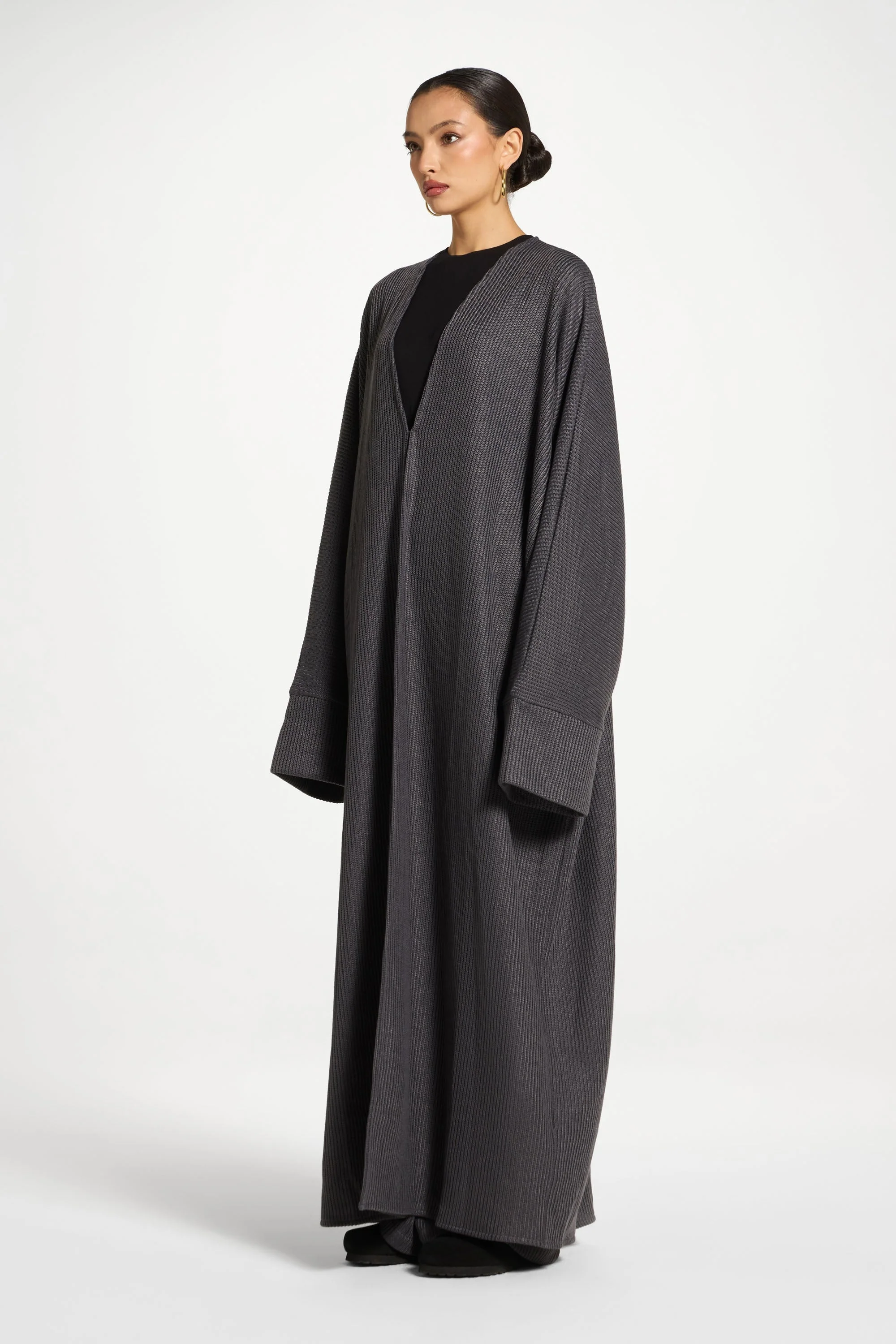 Relaxed Knit Open Abaya - Iron - Image 5