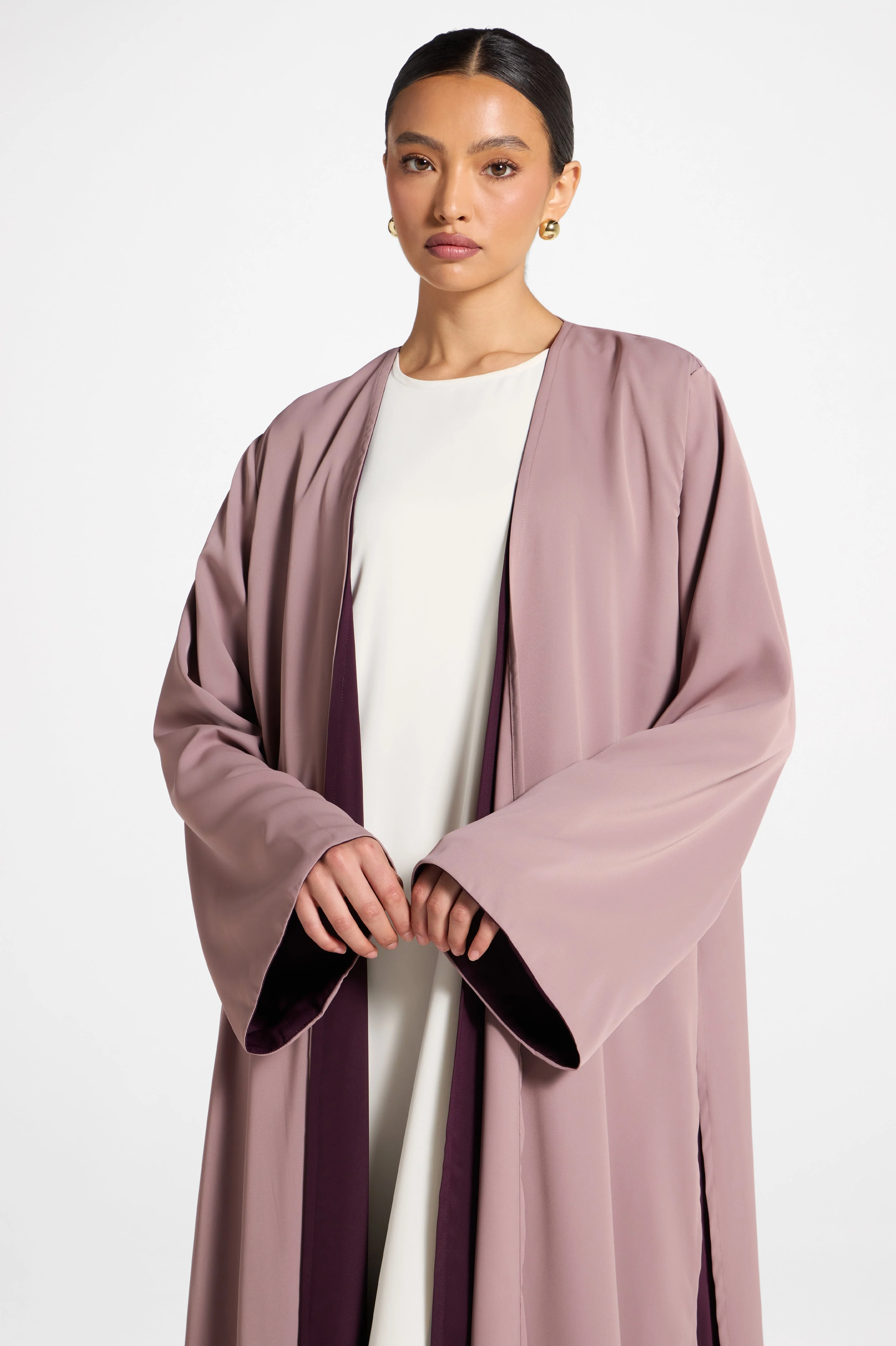 Contrast Open Abaya - Chocolate Plum - Image 3