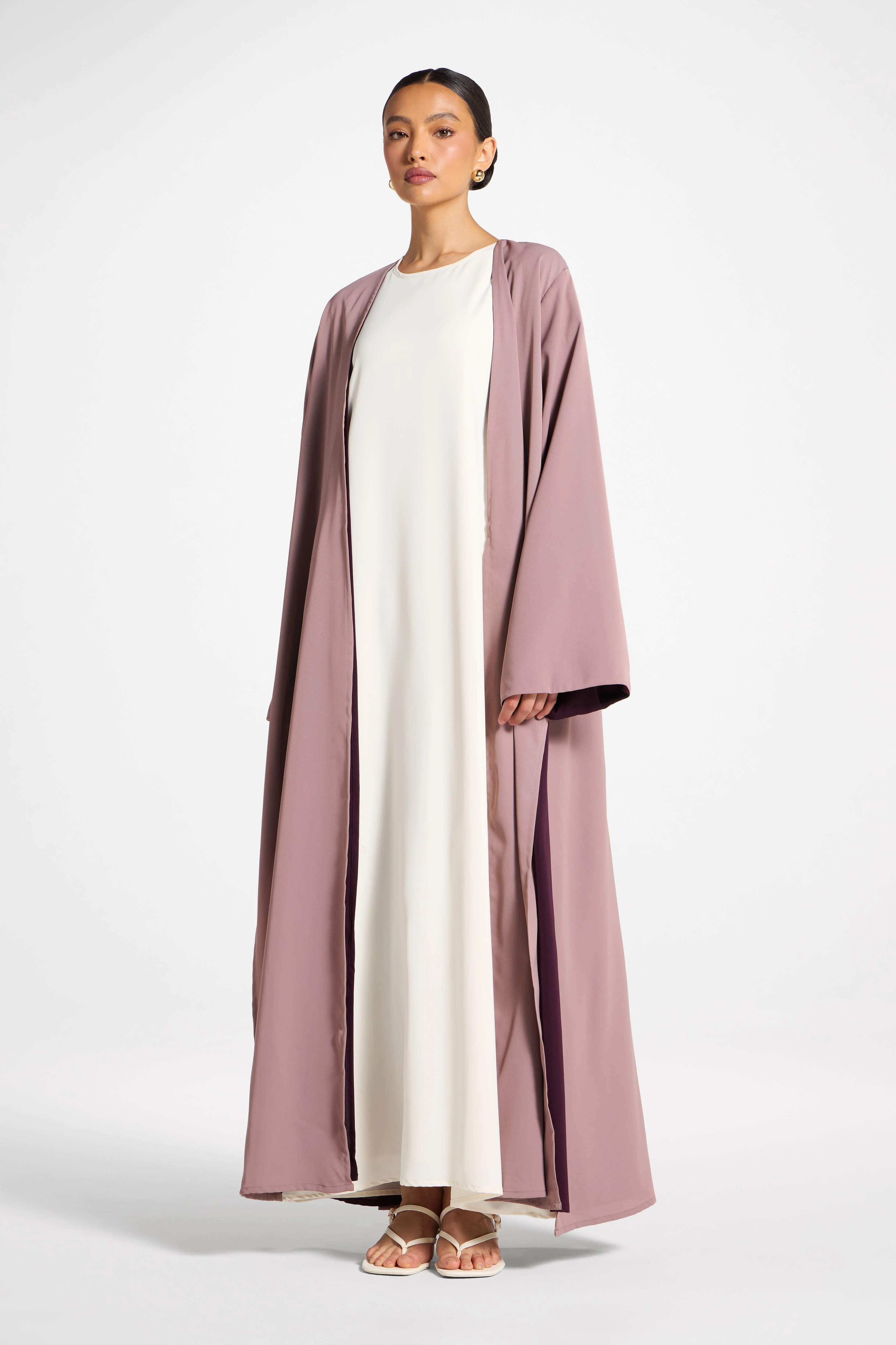 Contrast Open Abaya - Chocolate Plum - Image 4