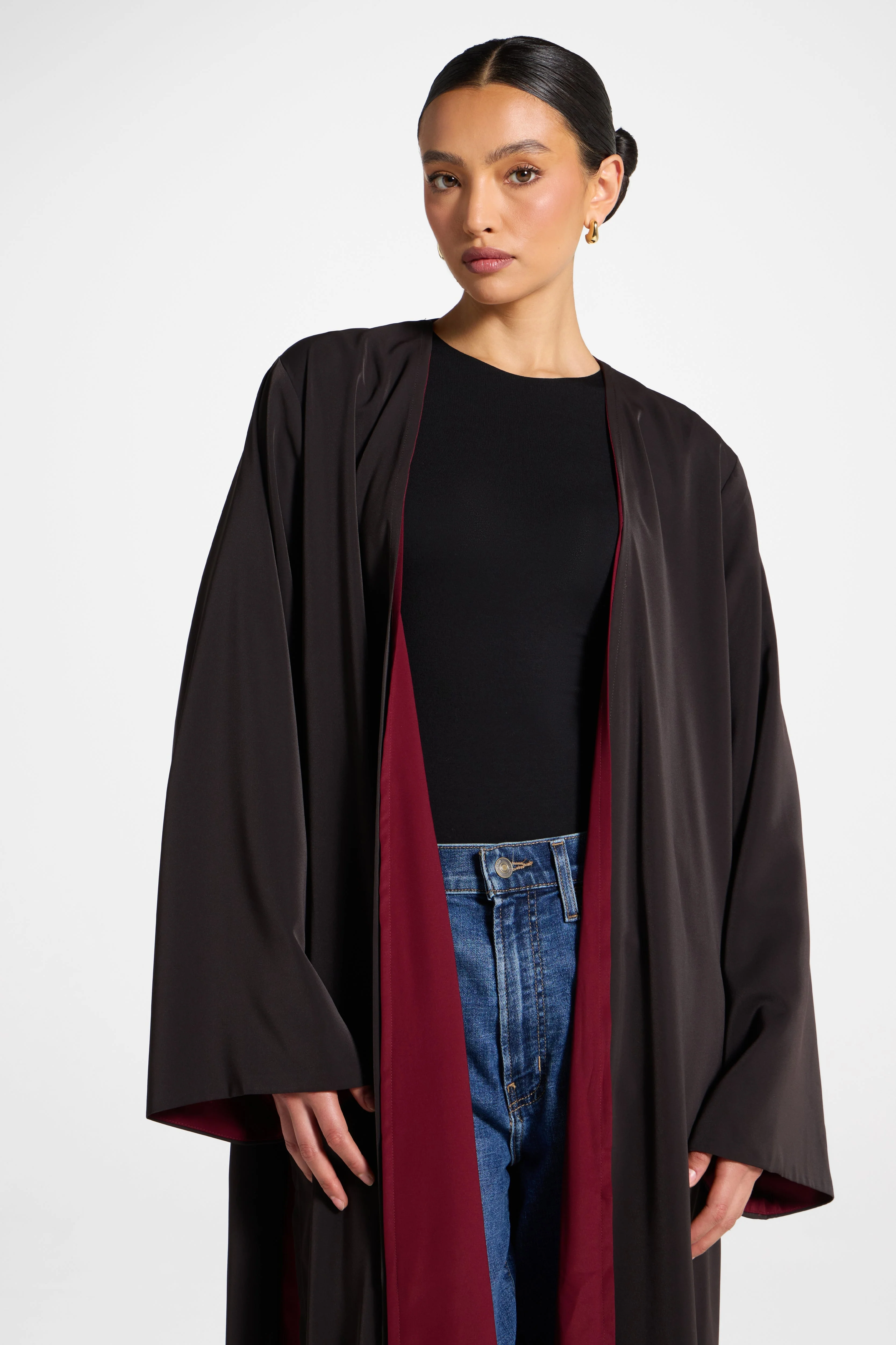 Contrast Open Abaya - Pomegranate - Image 3