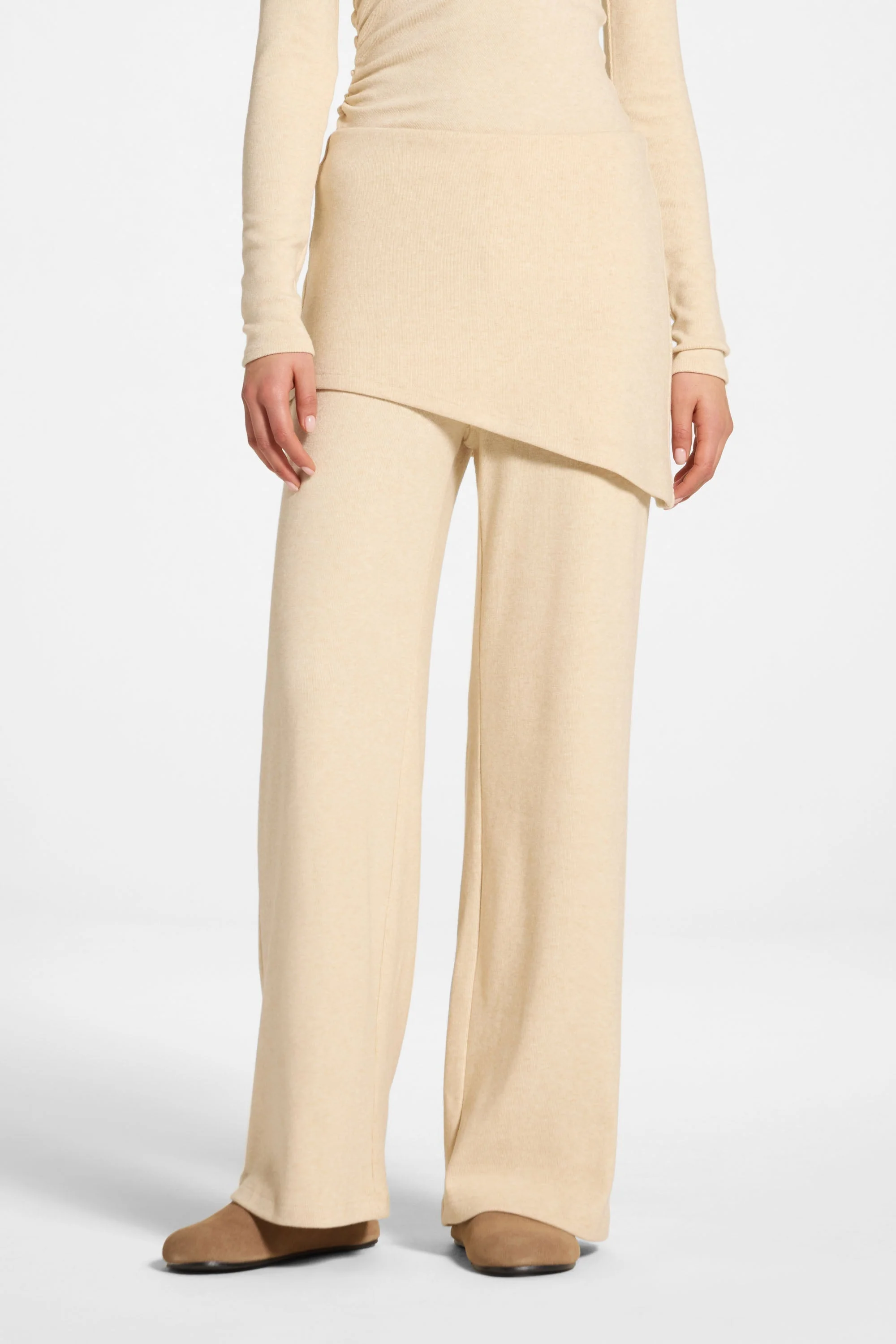 Ribbed Knit Foldover Wide Leg Pants - Beige - Image 2