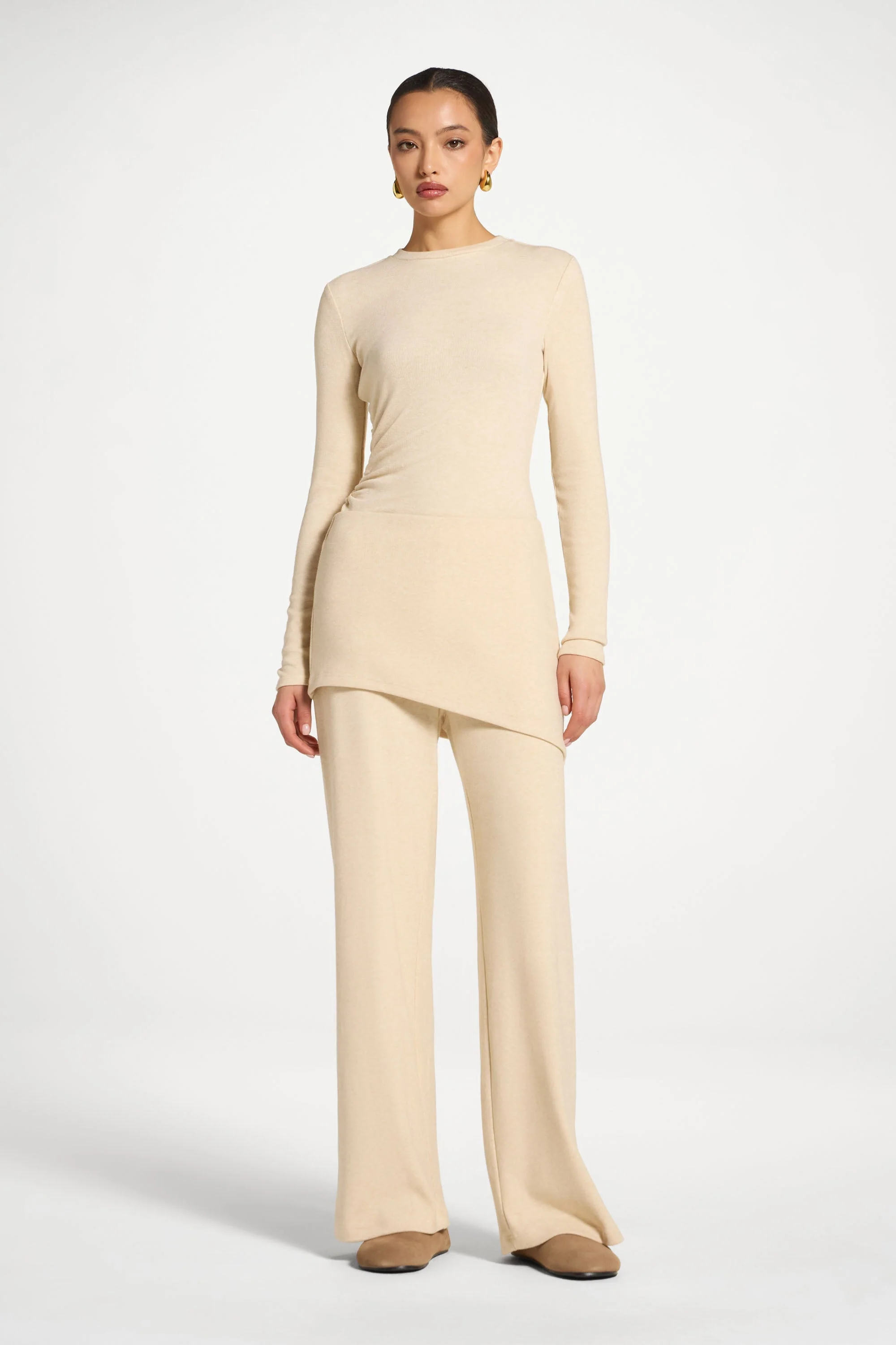 Ribbed Knit Foldover Wide Leg Pants - Beige - Image 3