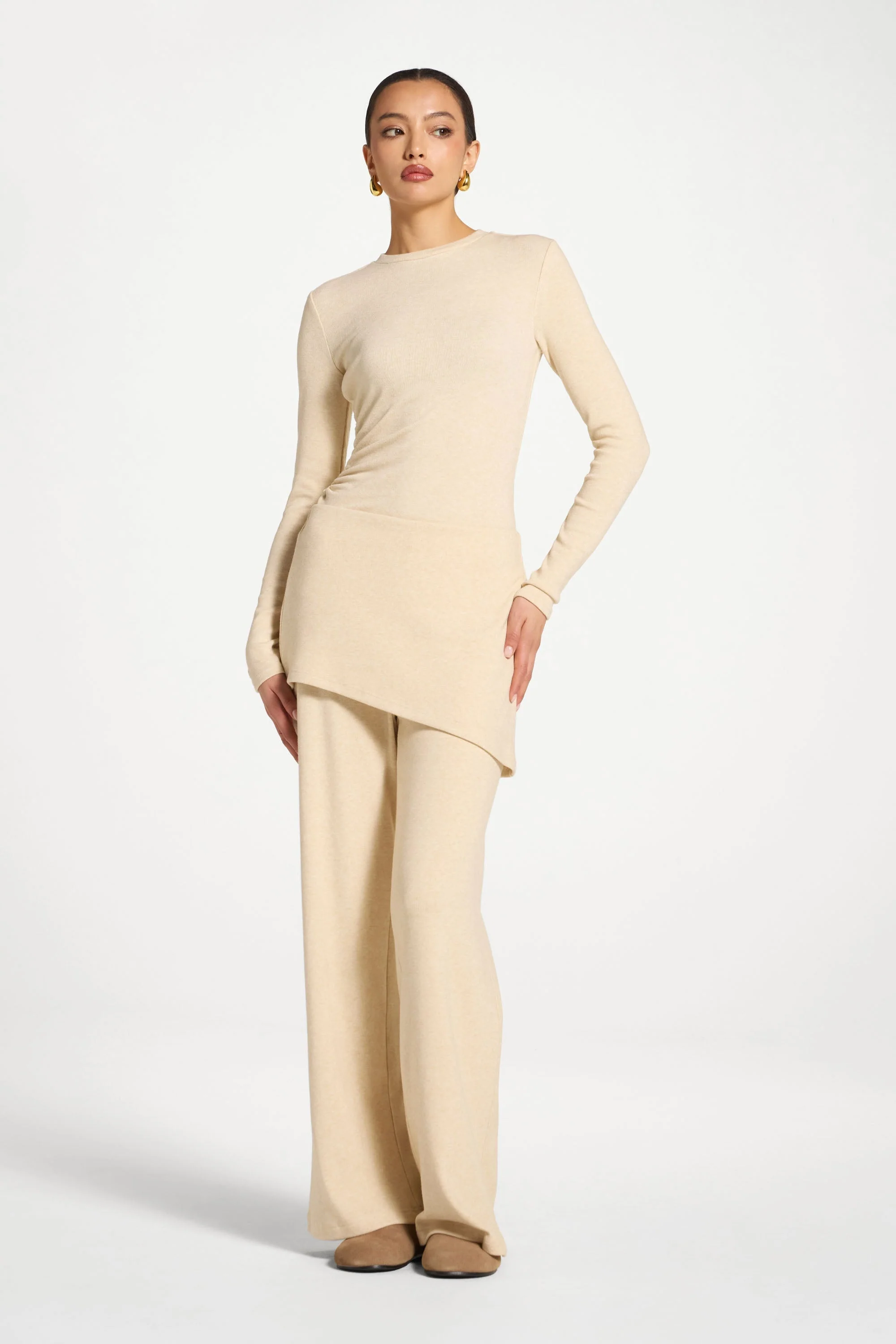 Ribbed Knit Foldover Wide Leg Pants - Beige - Image 4