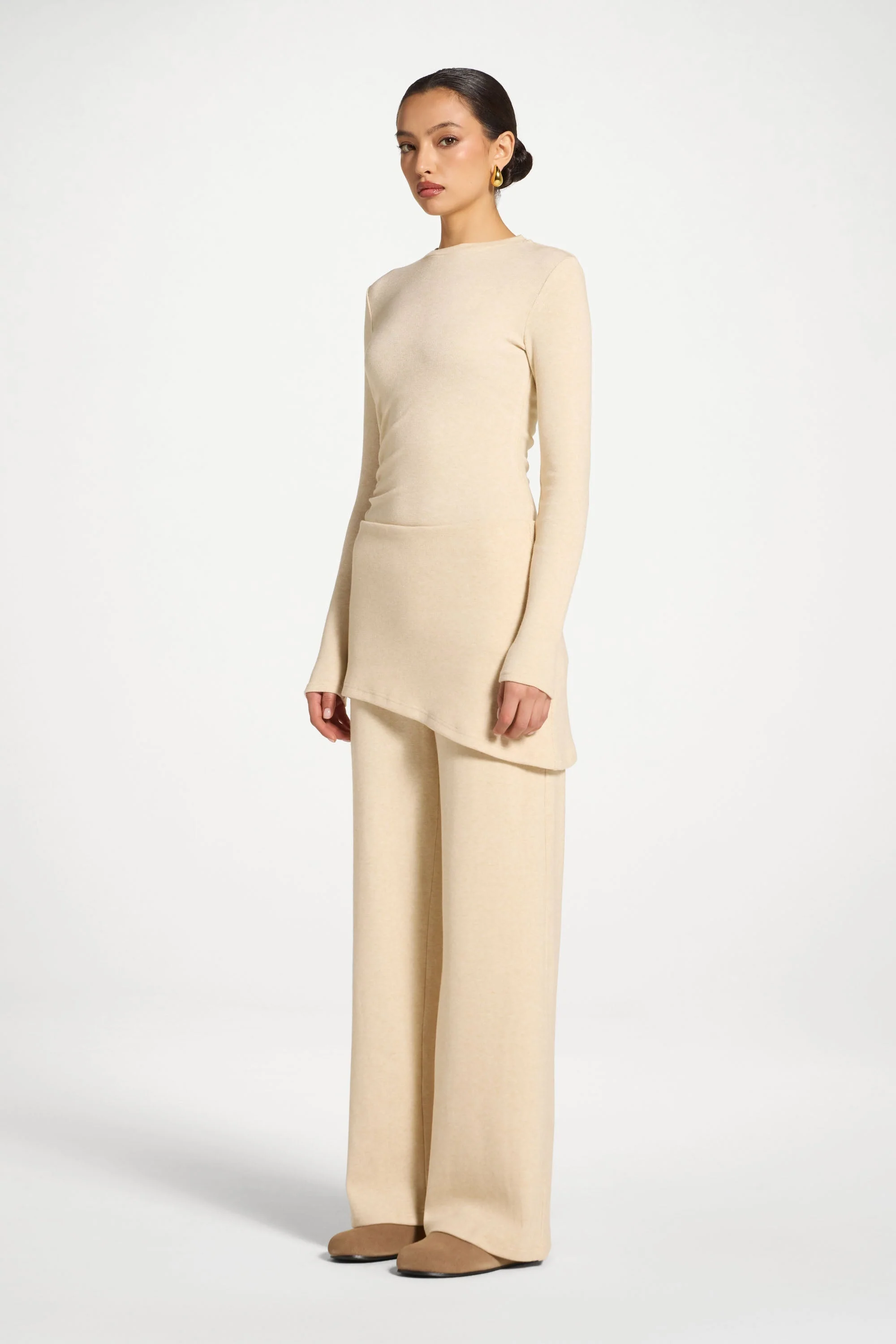Ribbed Knit Foldover Wide Leg Pants - Beige - Image 5