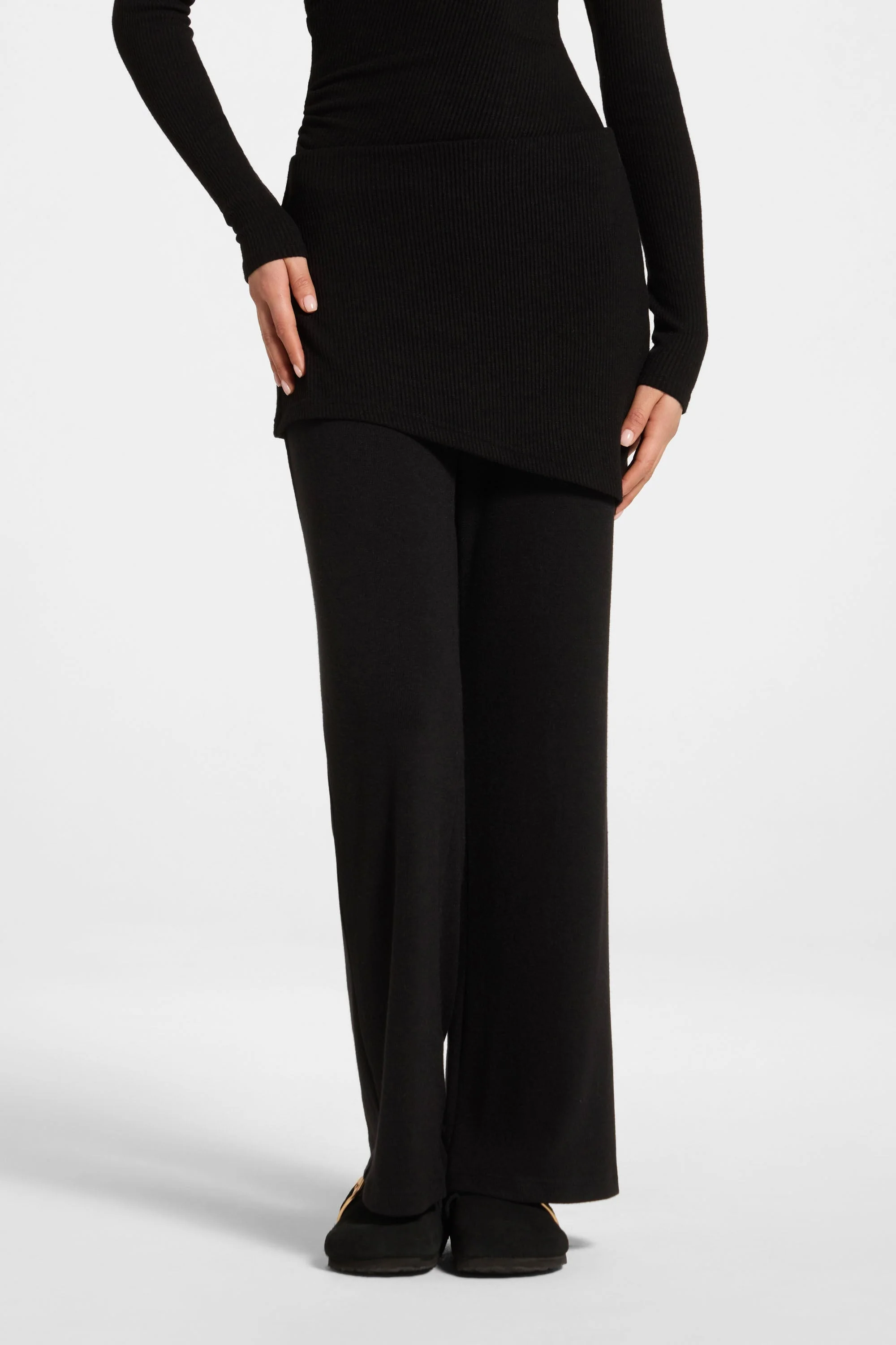 Ribbed Knit Foldover Wide Leg Pants - Black - Image 2