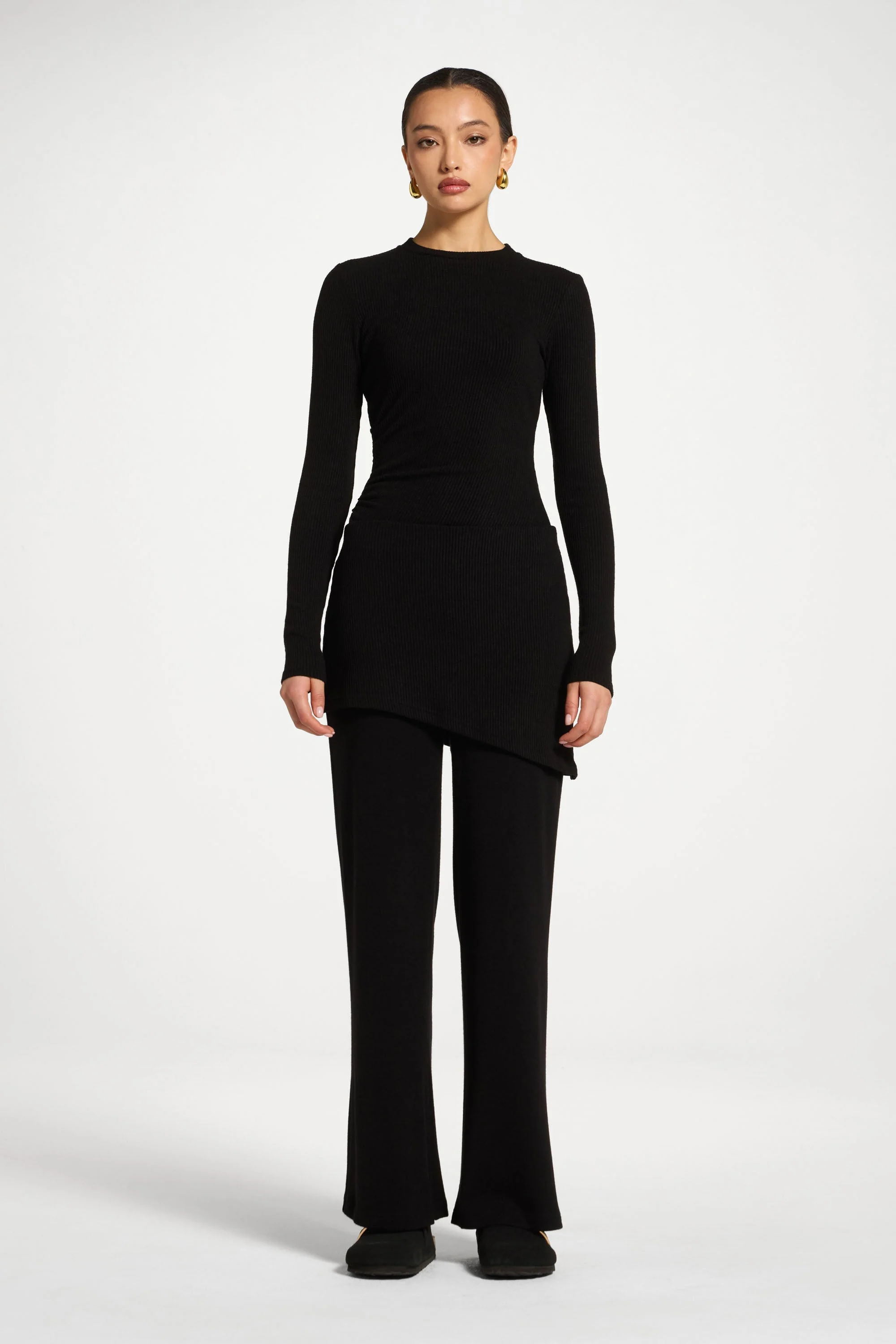 Ribbed Knit Foldover Wide Leg Pants - Black - Image 4