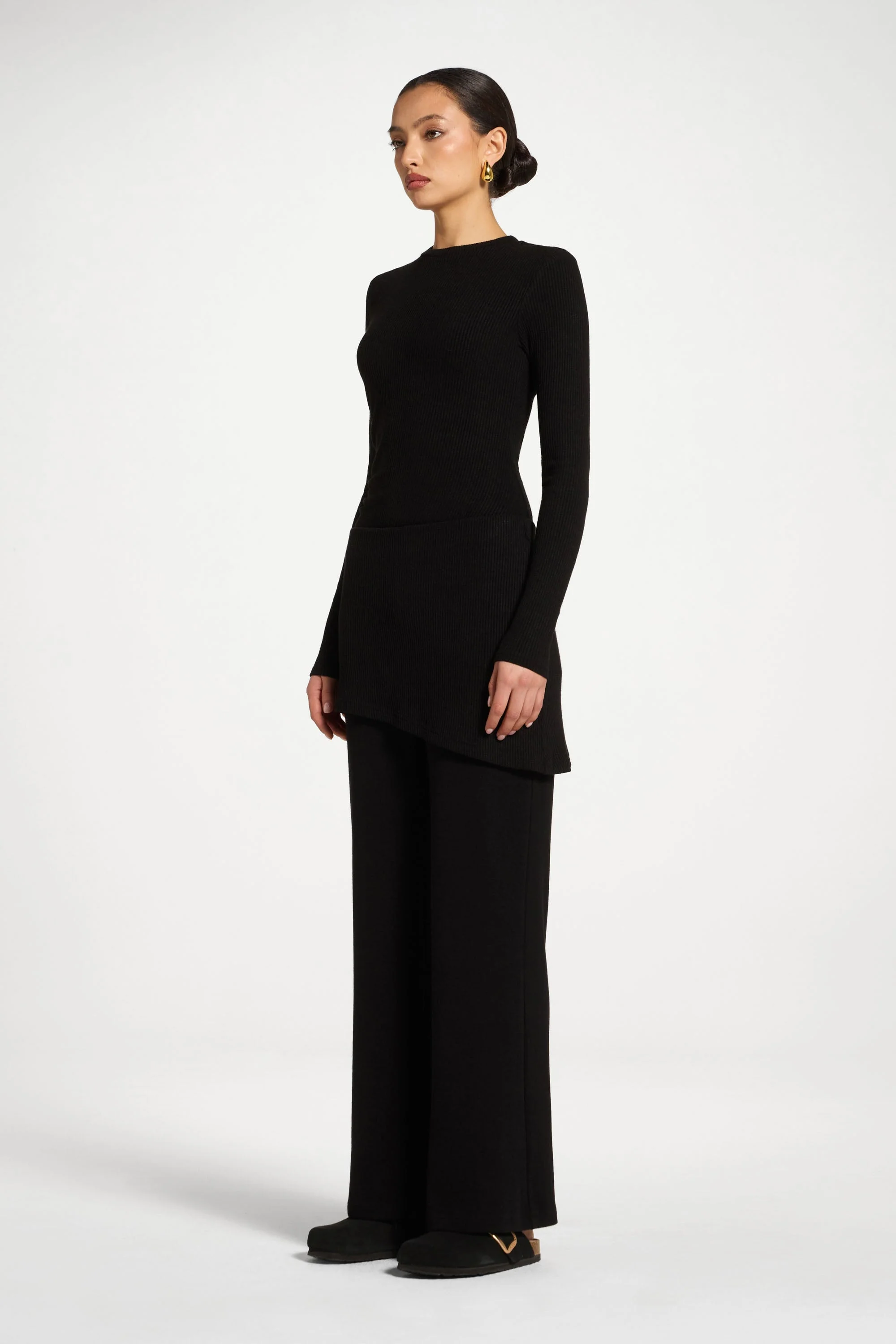 Ribbed Knit Foldover Wide Leg Pants - Black - Image 5