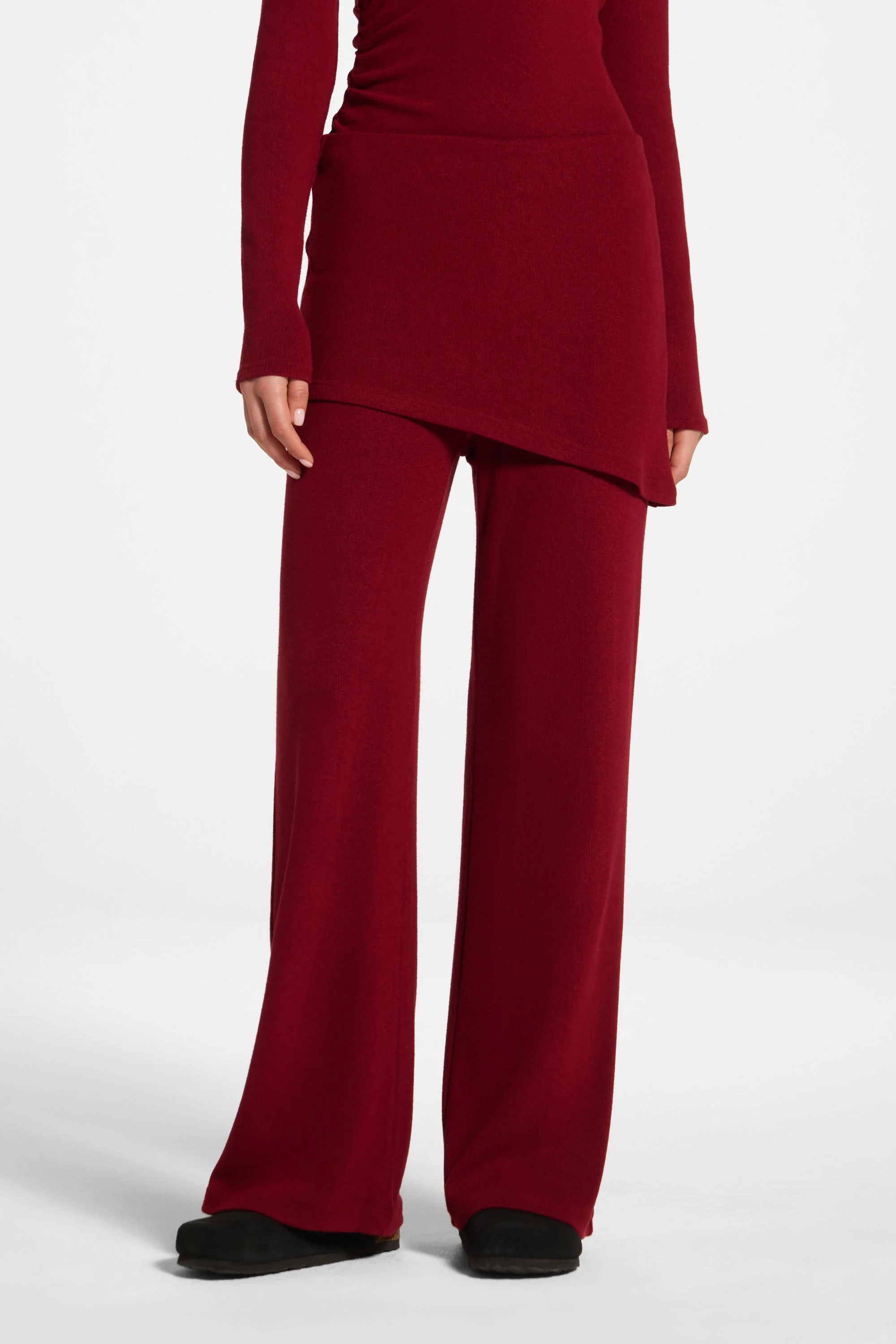 Ribbed Knit Foldover Wide Leg Pants - Cherry Lacquer - Image 2